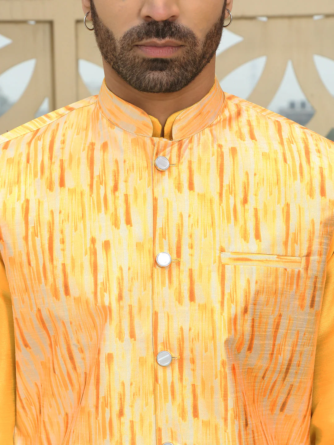 Silk Blend Solid Yellow Kurta Churidar With Sleeveless tie-dye Nehru Jacket set - Image 3