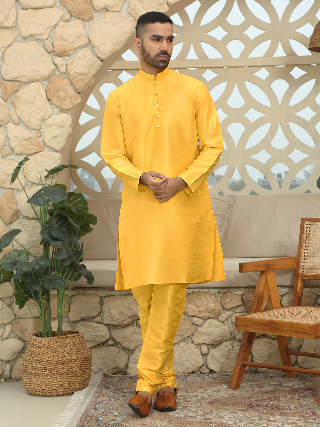 Silk Blend Solid Yellow Kurta Churidar With Sleeveless tie-dye Nehru Jacket set - Image 4