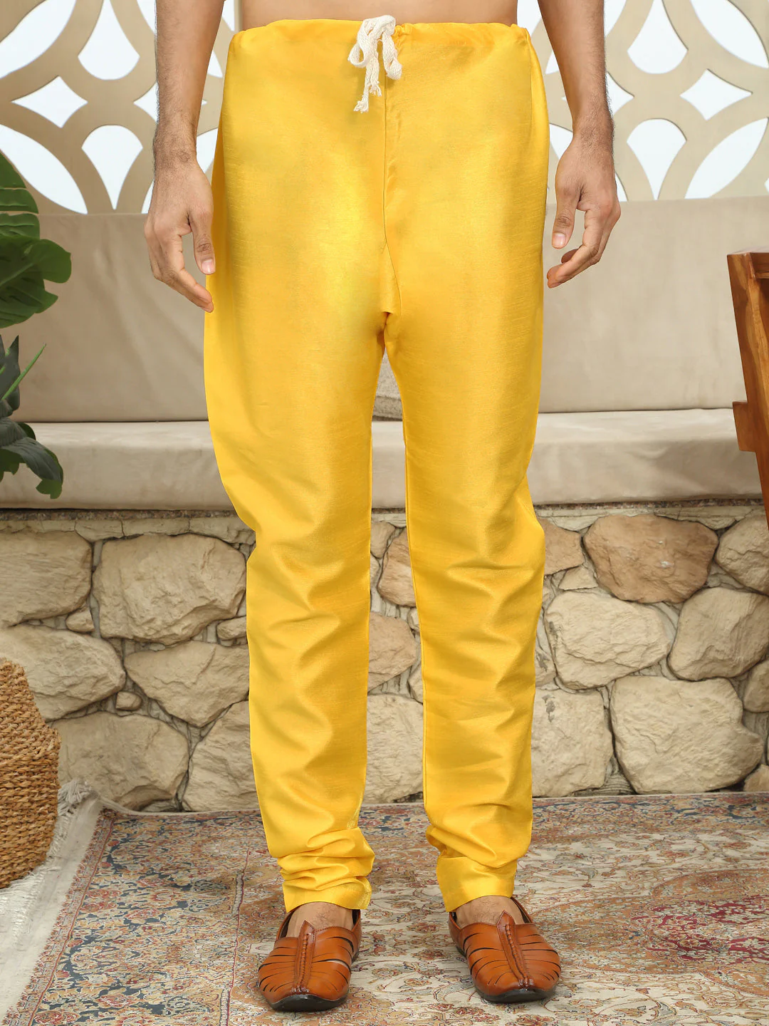 Silk Blend Solid Yellow Kurta Churidar With Sleeveless tie-dye Nehru Jacket set - Image 5
