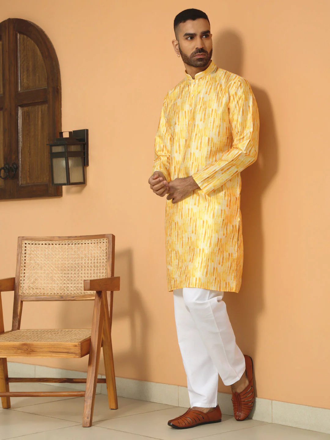 Silk Blend Tie-Dye Printed Kurta with white Elastic waistband Pyjama set - Image 12