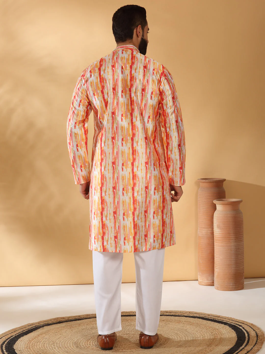 Silk Blend Tie-Dye Printed Kurta with white Elastic waistband Pyjama set - Image 19