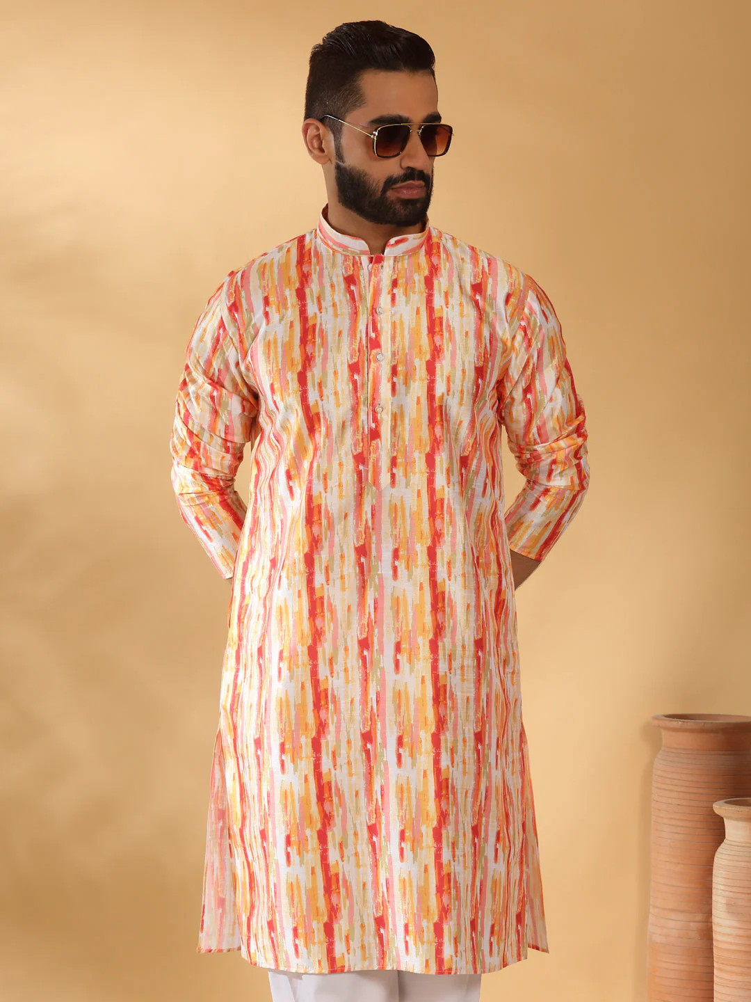 Silk Blend Tie-Dye Printed Kurta with white Elastic waistband Pyjama set - Image 22