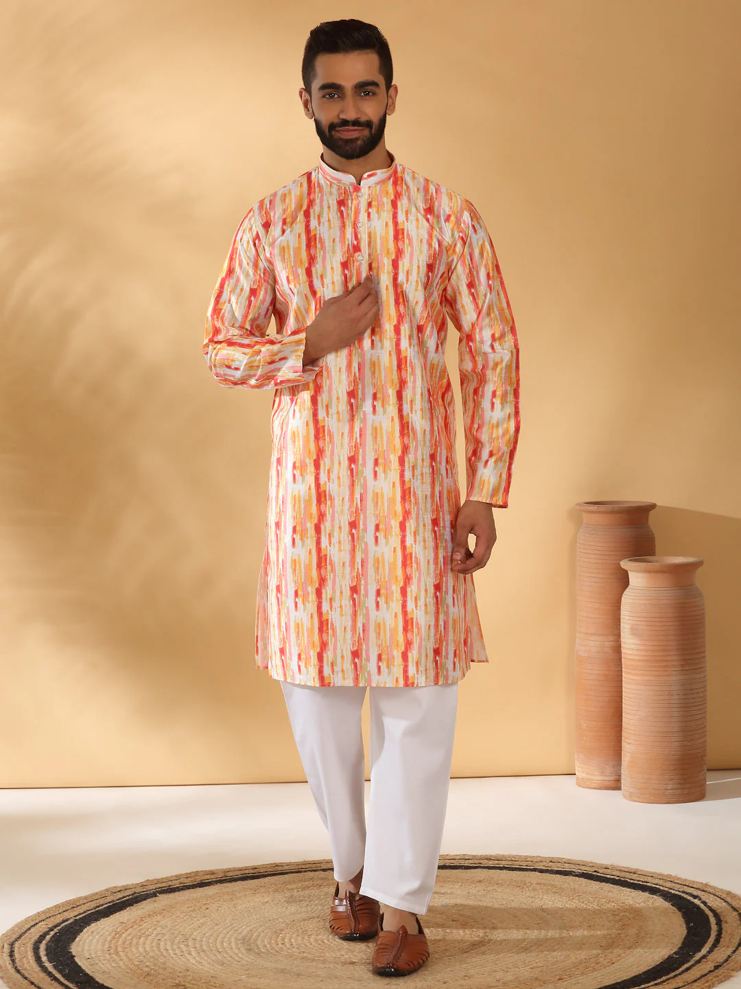 Silk Blend Tie-Dye Printed Kurta with white Elastic waistband Pyjama set - Image 23