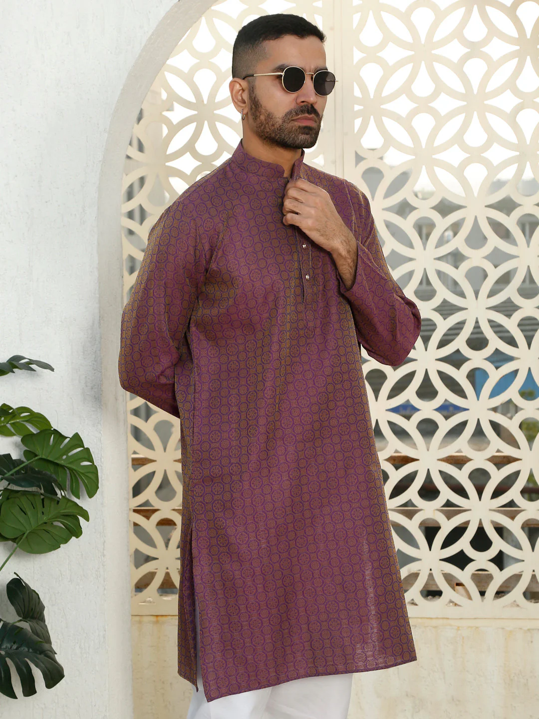 Silk Jacquard Kurta With White Elastic Waistband Pyjama set - Image 35