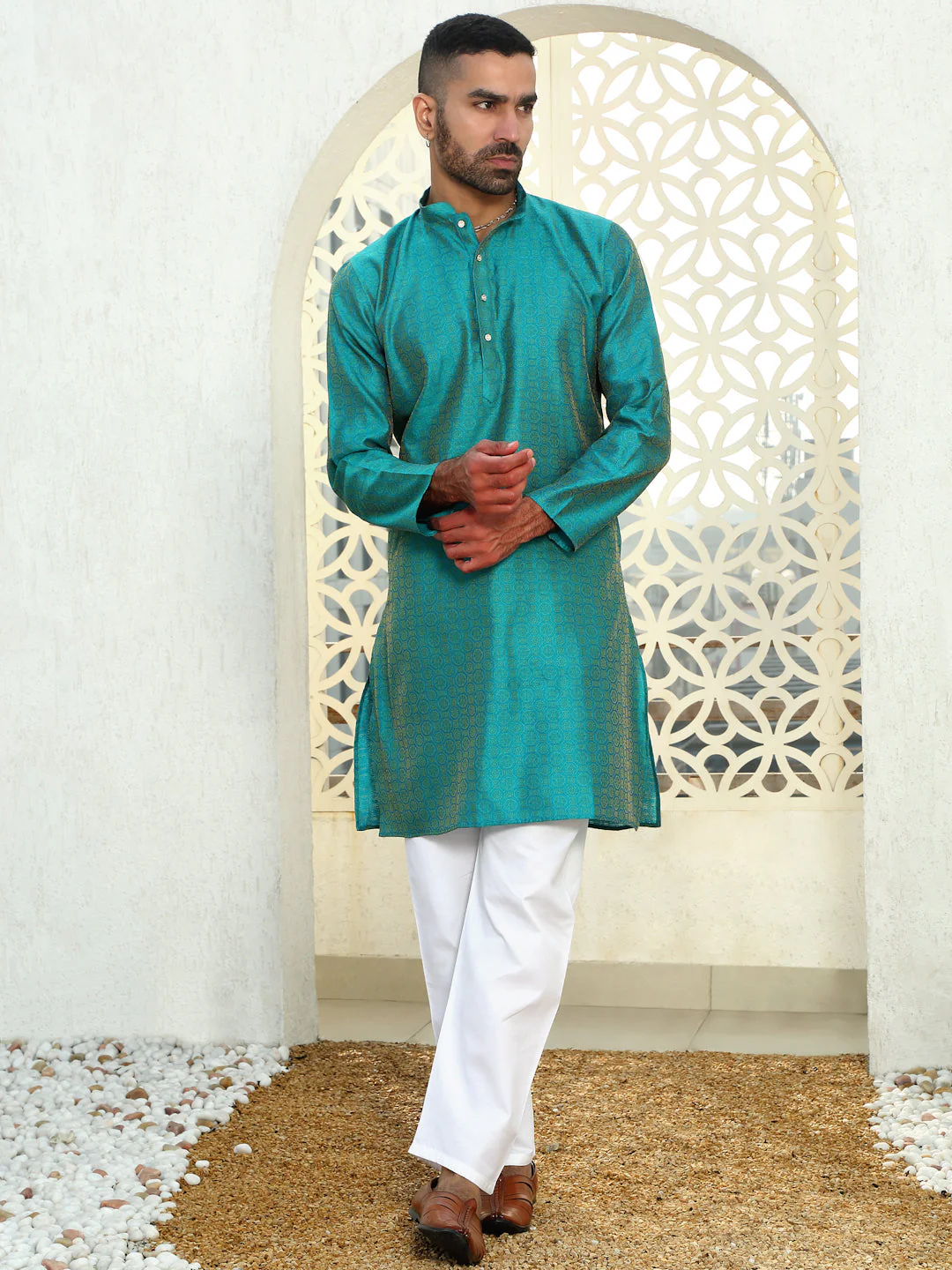 Silk Jacquard Kurta With White Elastic Waistband Pyjama set - Image 42