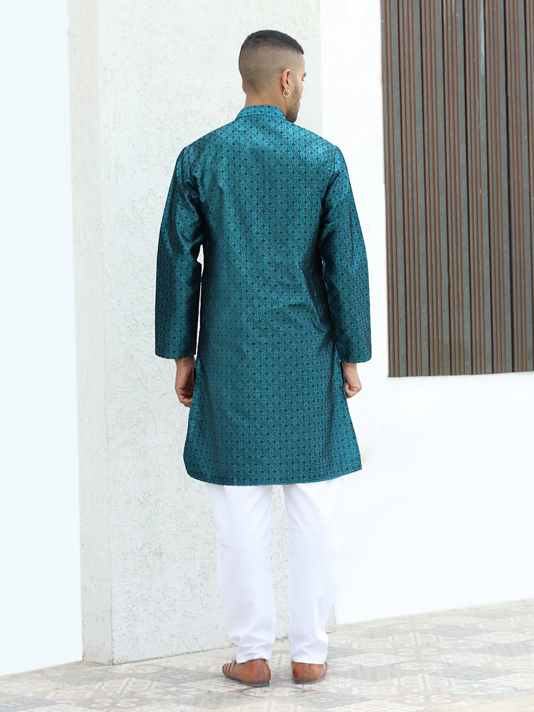 Silk Jacquard Self Design Kurta with elastic Waistband Pyjama set - Image 2