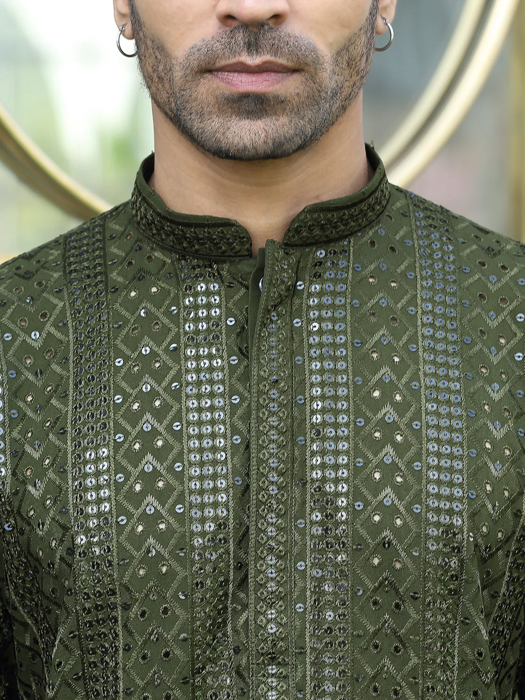 Silk Rayon Ethnic Motifs Embroidered Mandarin Collar Sequinned Kurta - Image 13