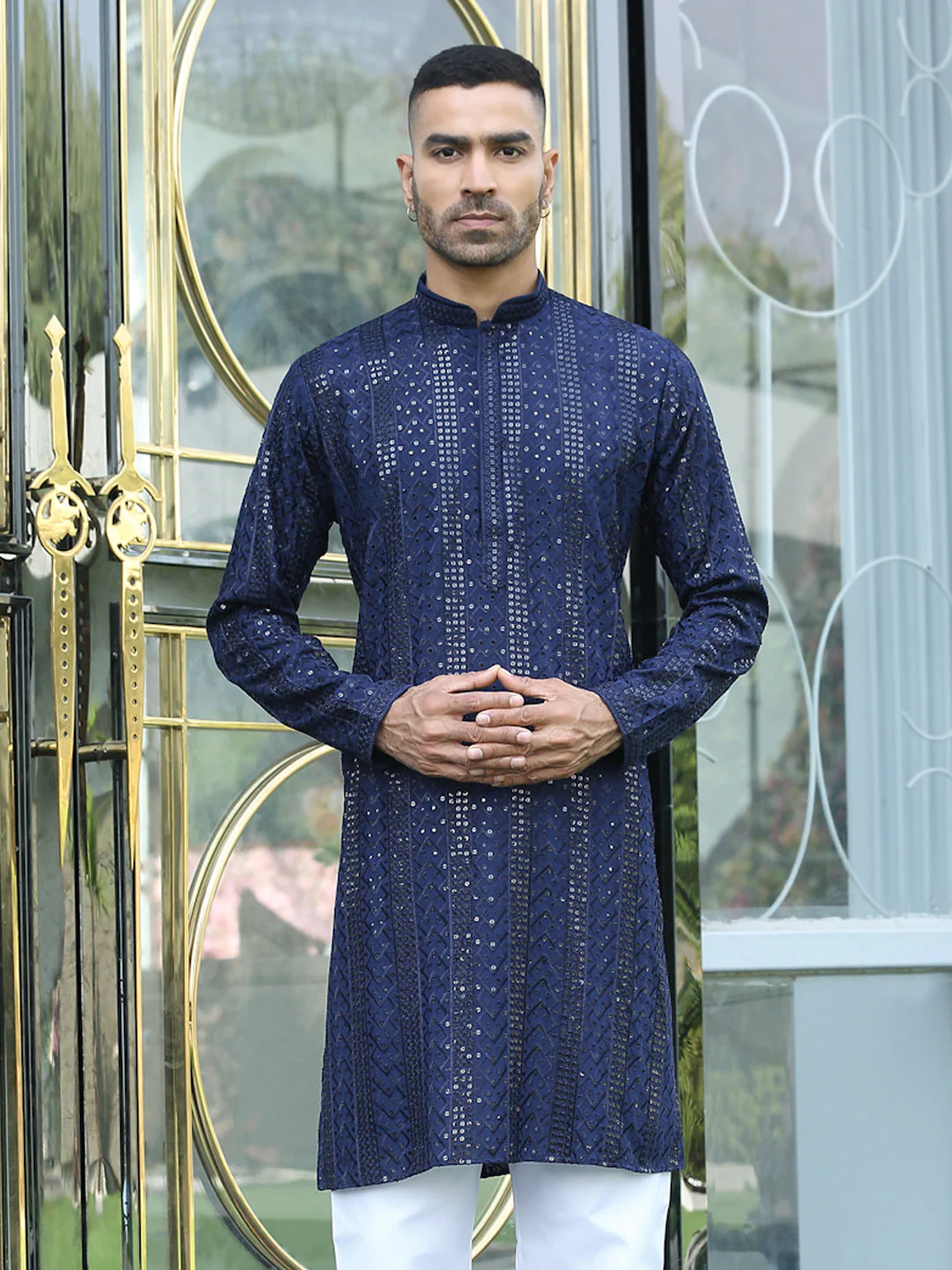 Silk Rayon Ethnic Motifs Embroidered Mandarin Collar Sequinned Kurta - Image 21