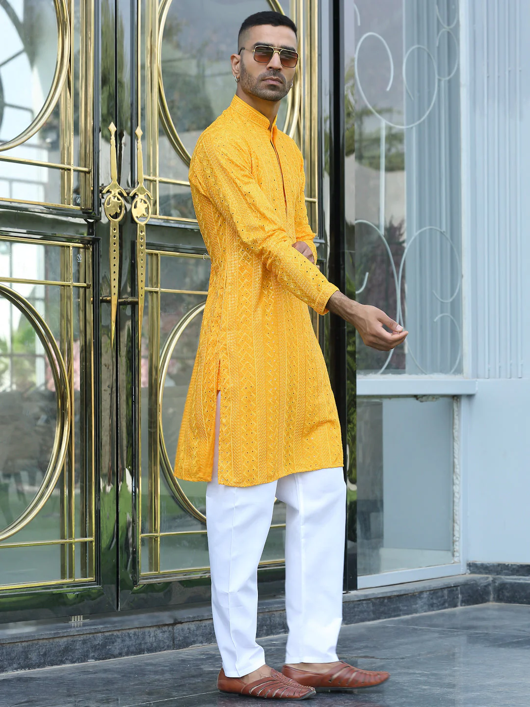 Silk Rayon Ethnic Motifs Embroidered Mandarin Collar Sequinned Kurta - Image 50