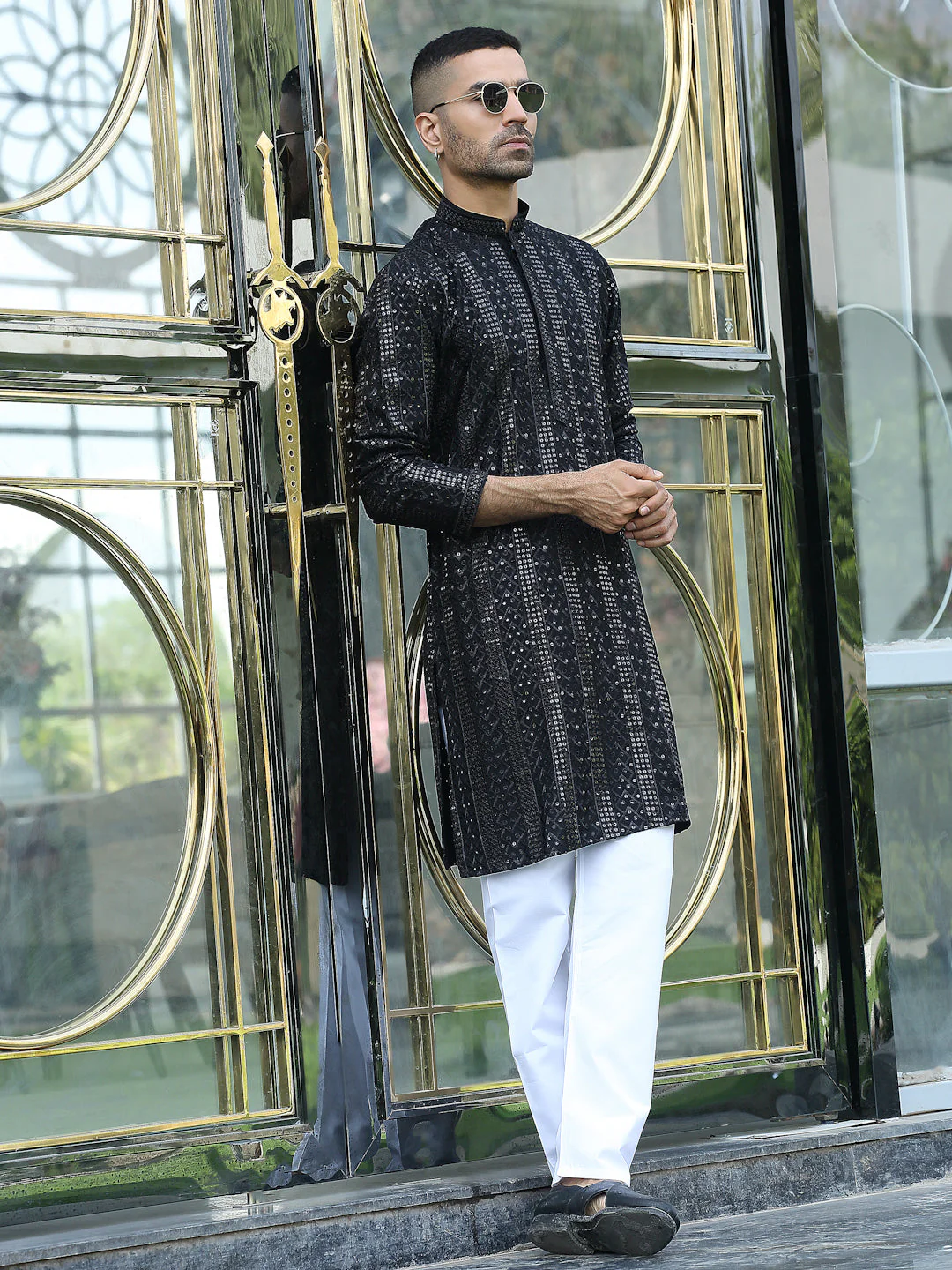 Silk Rayon Ethnic Motifs Embroidered Mandarin Collar Sequinned Kurta with Elastic Waistband White Pyjama