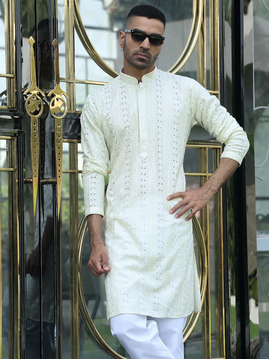 Silk Rayon Ethnic Motifs Embroidered Mandarin Collar Sequinned Kurta with Elastic Waistband White Pyjama - Image 11