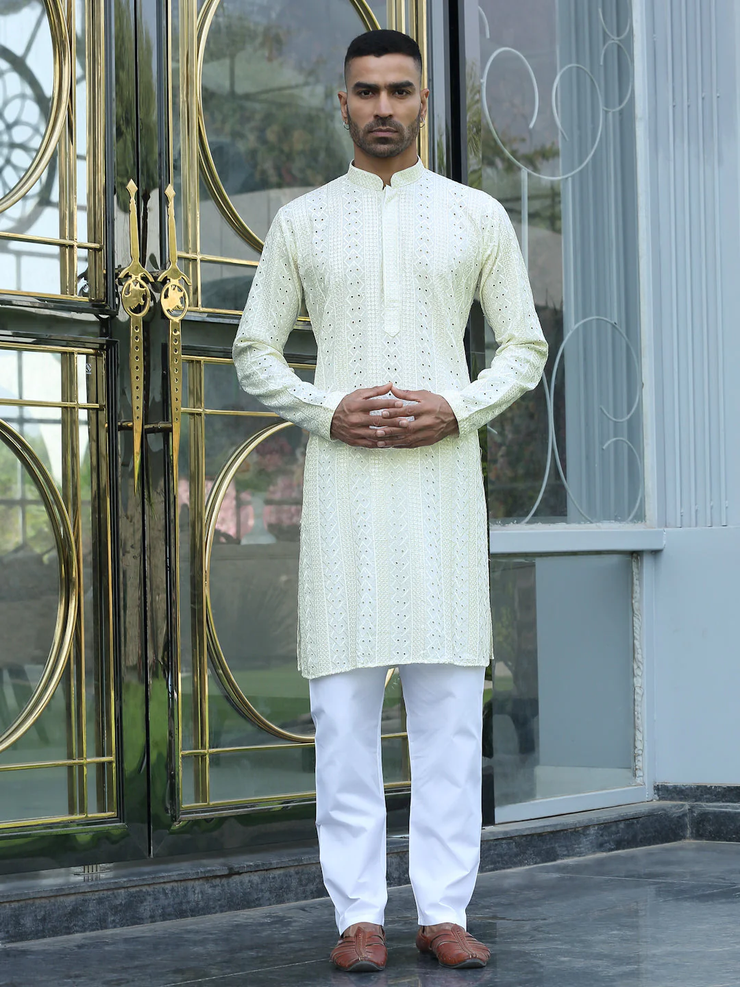 Silk Rayon Ethnic Motifs Embroidered Mandarin Collar Sequinned Kurta with Elastic Waistband White Pyjama - Image 12