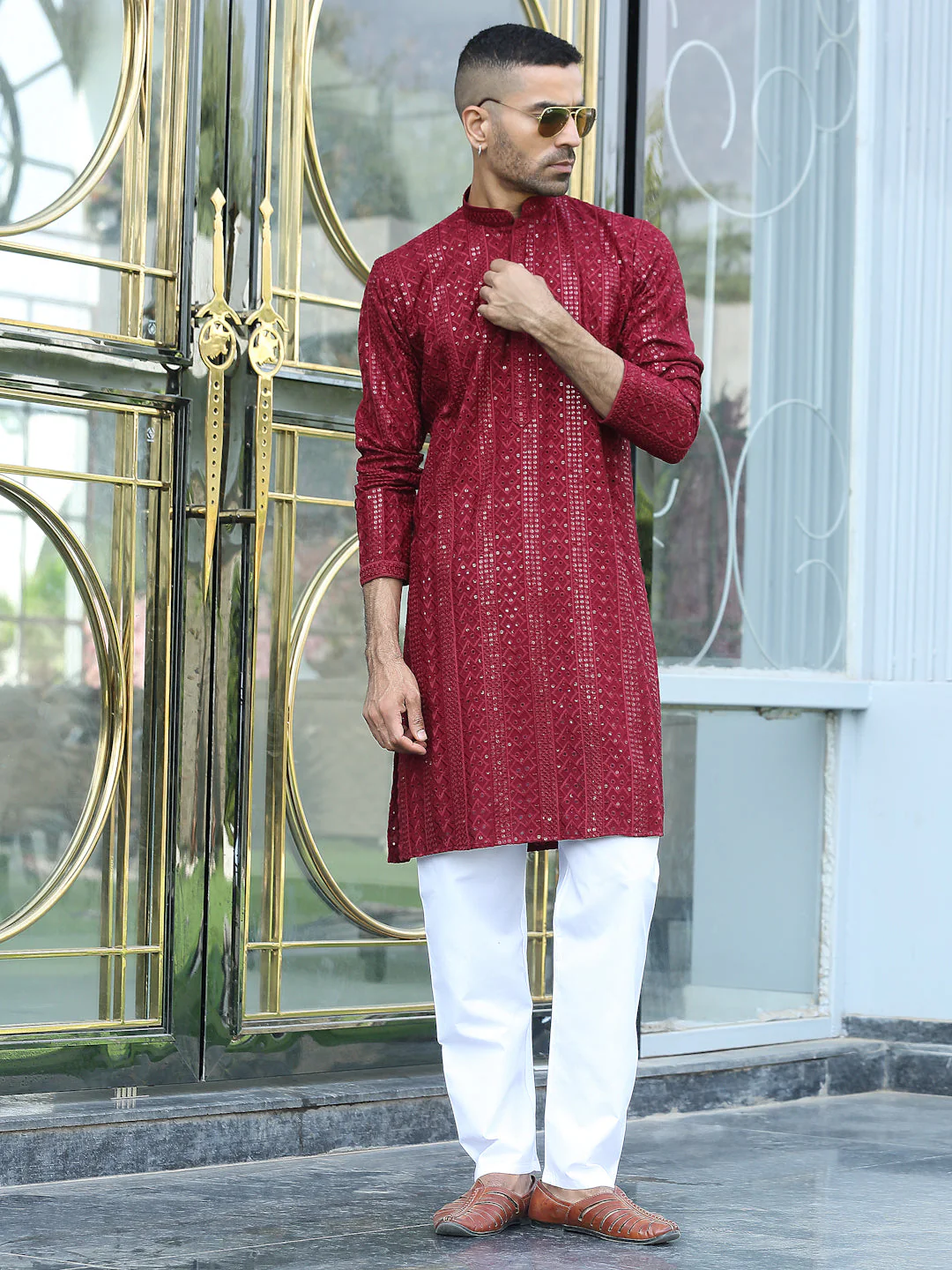 Silk Rayon Ethnic Motifs Embroidered Mandarin Collar Sequinned Kurta with Elastic Waistband White Pyjama - Image 19