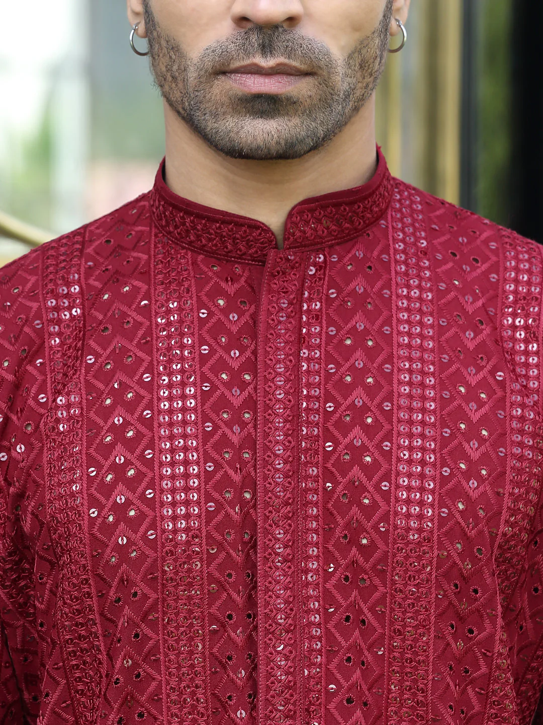 Silk Rayon Ethnic Motifs Embroidered Mandarin Collar Sequinned Kurta with Elastic Waistband White Pyjama - Image 21