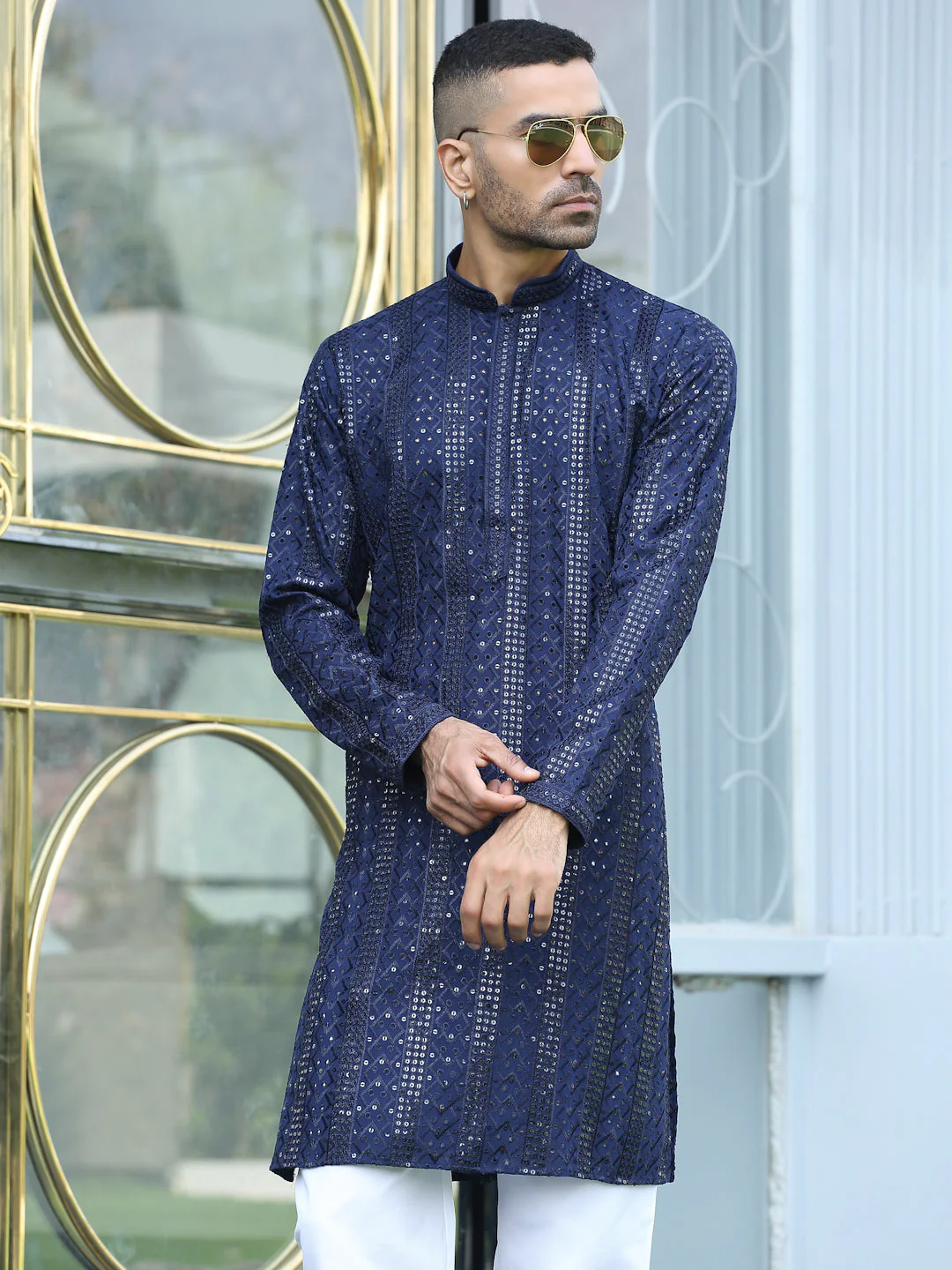 Silk Rayon Ethnic Motifs Embroidered Mandarin Collar Sequinned Kurta with Elastic Waistband White Pyjama - Image 29