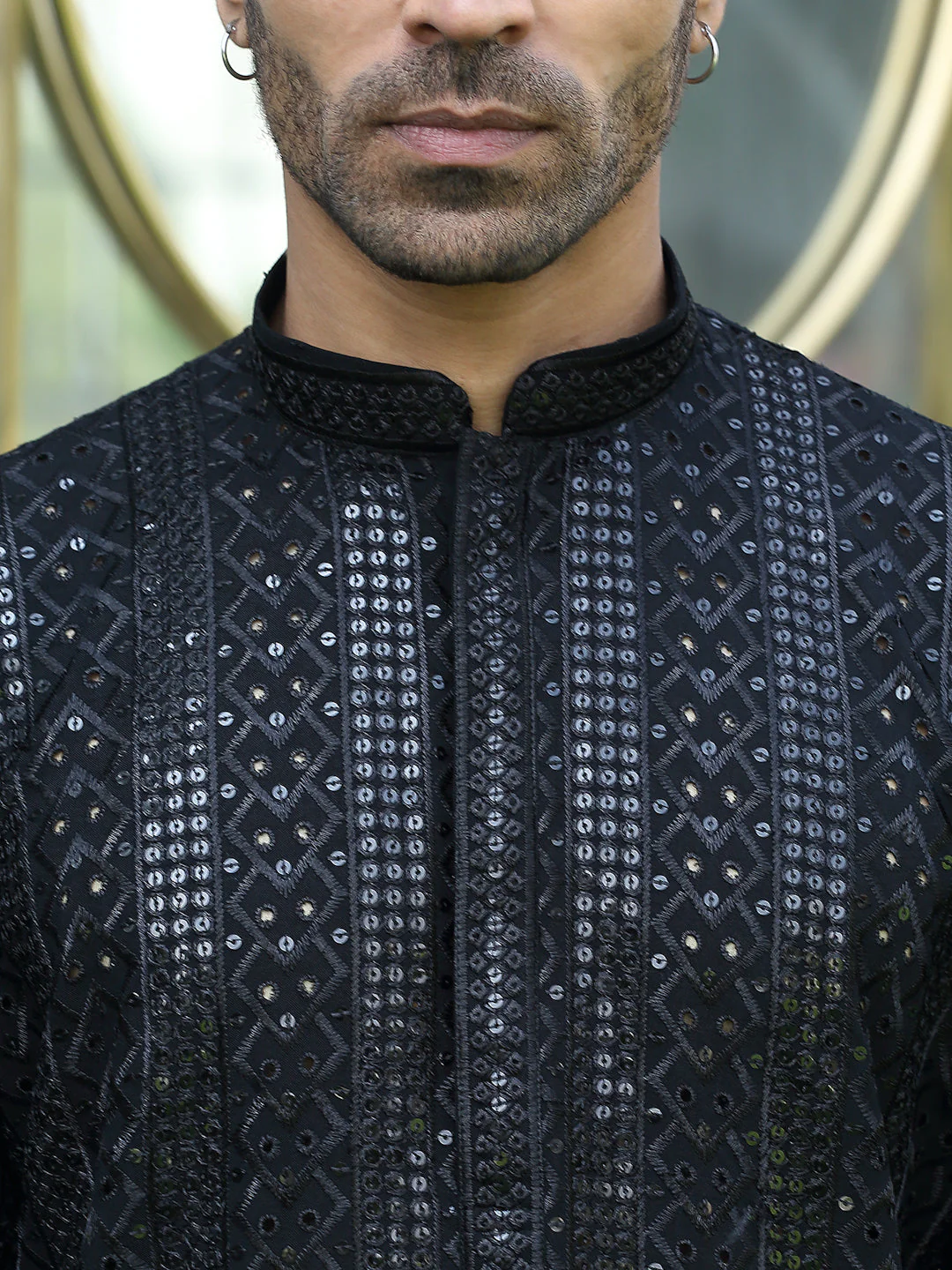 Silk Rayon Ethnic Motifs Embroidered Mandarin Collar Sequinned Kurta with Elastic Waistband White Pyjama - Image 3
