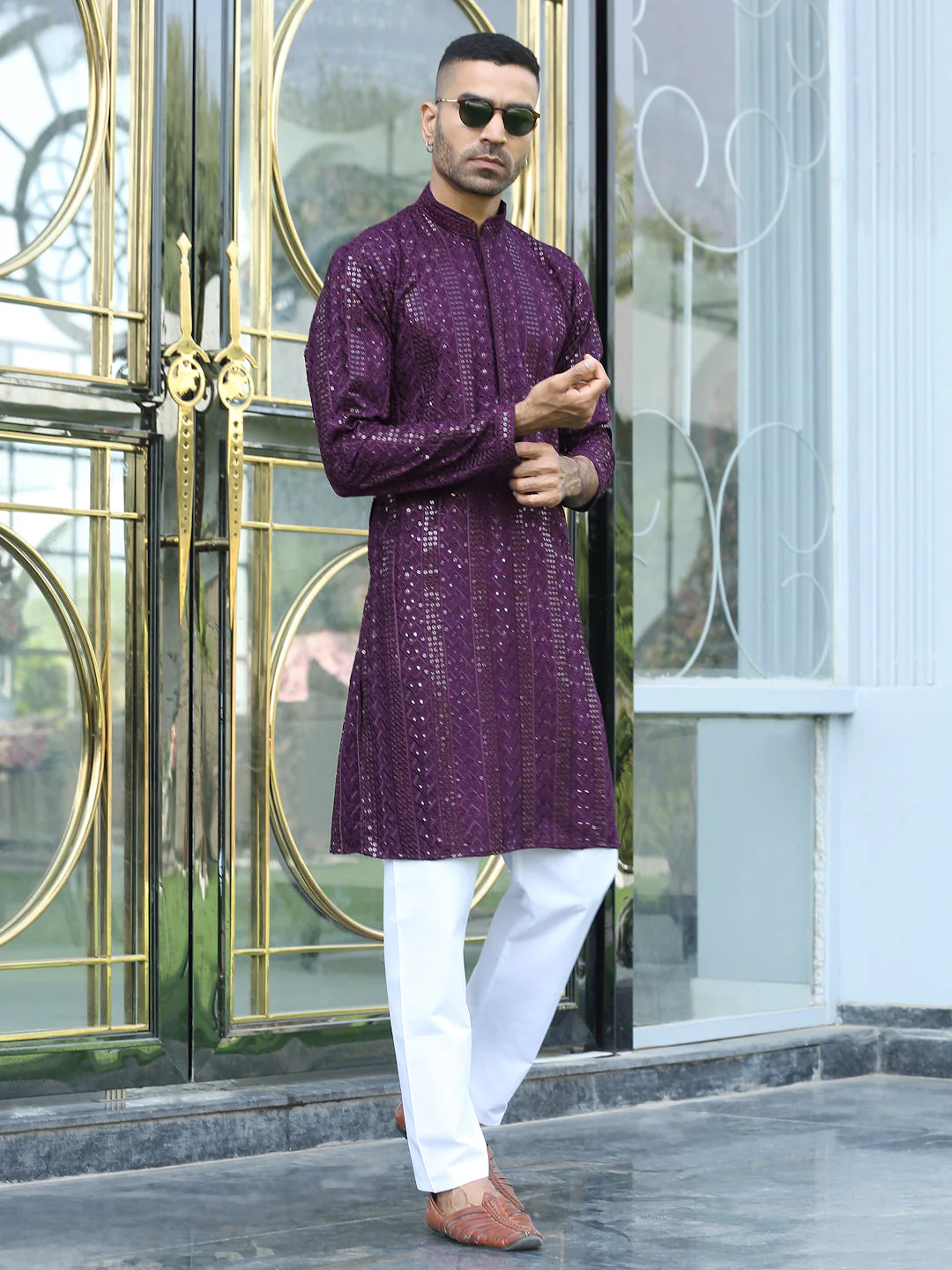 Silk Rayon Ethnic Motifs Embroidered Mandarin Collar Sequinned Kurta with Elastic Waistband White Pyjama - Image 31