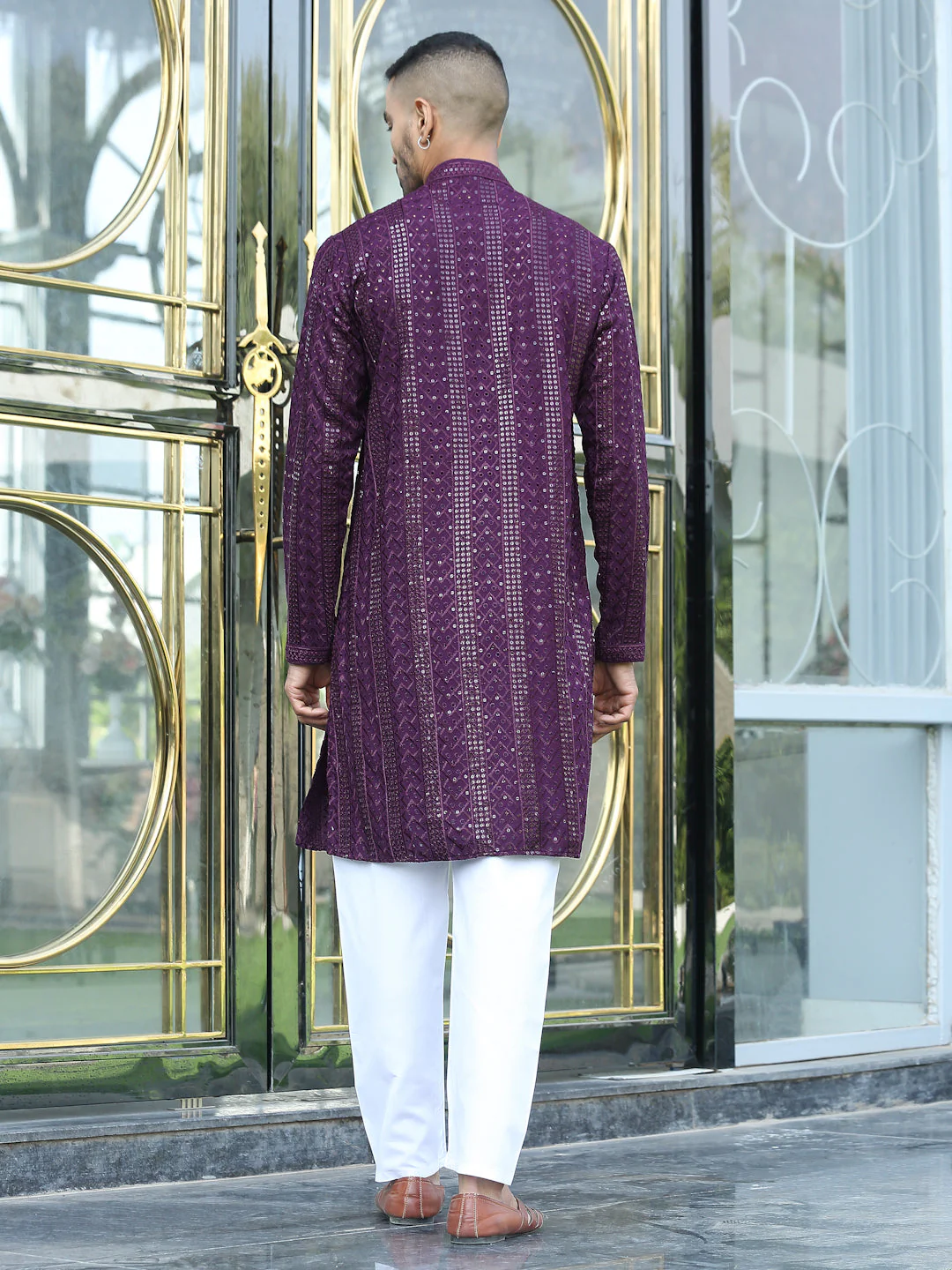 Silk Rayon Ethnic Motifs Embroidered Mandarin Collar Sequinned Kurta with Elastic Waistband White Pyjama - Image 32