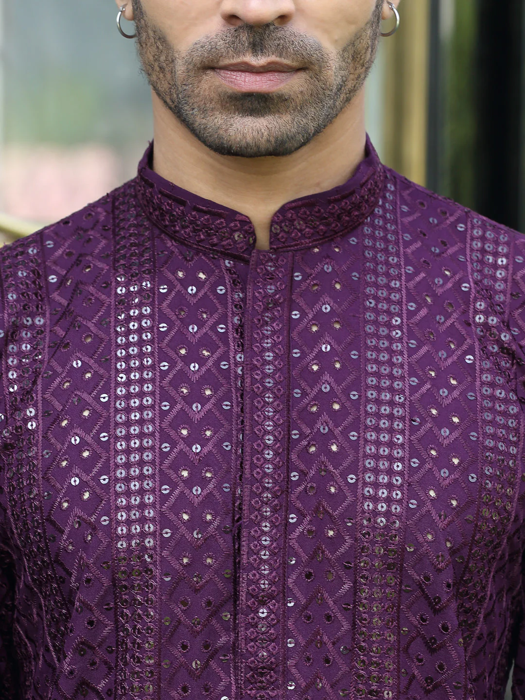 Silk Rayon Ethnic Motifs Embroidered Mandarin Collar Sequinned Kurta with Elastic Waistband White Pyjama - Image 33