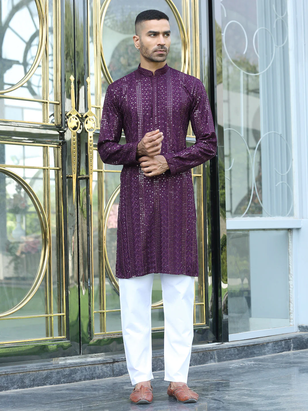 Silk Rayon Ethnic Motifs Embroidered Mandarin Collar Sequinned Kurta with Elastic Waistband White Pyjama - Image 36