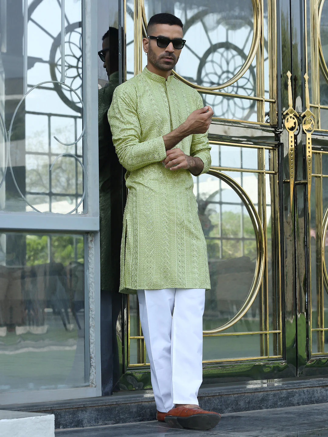 Silk Rayon Ethnic Motifs Embroidered Mandarin Collar Sequinned Kurta with Elastic Waistband White Pyjama - Image 37