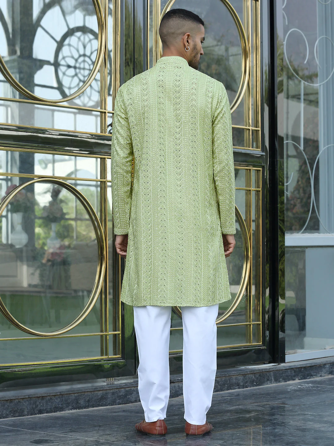 Silk Rayon Ethnic Motifs Embroidered Mandarin Collar Sequinned Kurta with Elastic Waistband White Pyjama - Image 38