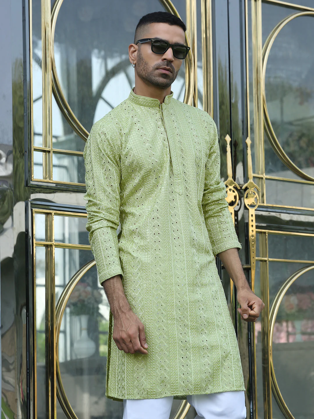 Silk Rayon Ethnic Motifs Embroidered Mandarin Collar Sequinned Kurta with Elastic Waistband White Pyjama - Image 41