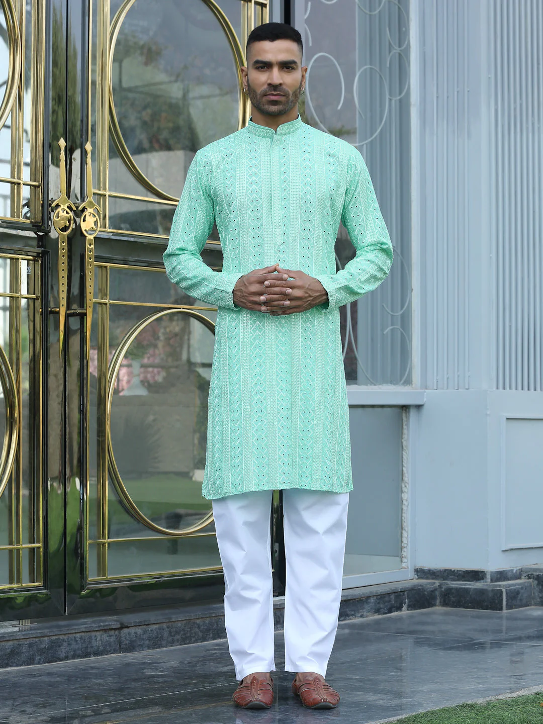 Silk Rayon Ethnic Motifs Embroidered Mandarin Collar Sequinned Kurta with Elastic Waistband White Pyjama - Image 48