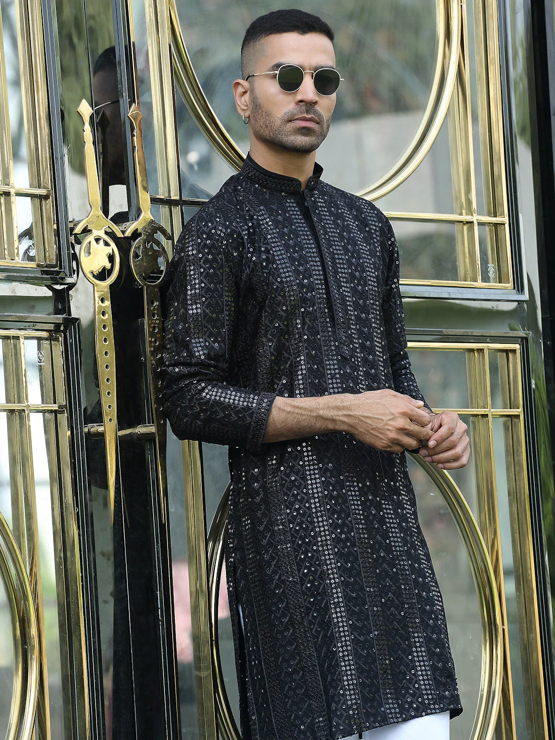 Silk Rayon Ethnic Motifs Embroidered Mandarin Collar Sequinned Kurta with Elastic Waistband White Pyjama - Image 5