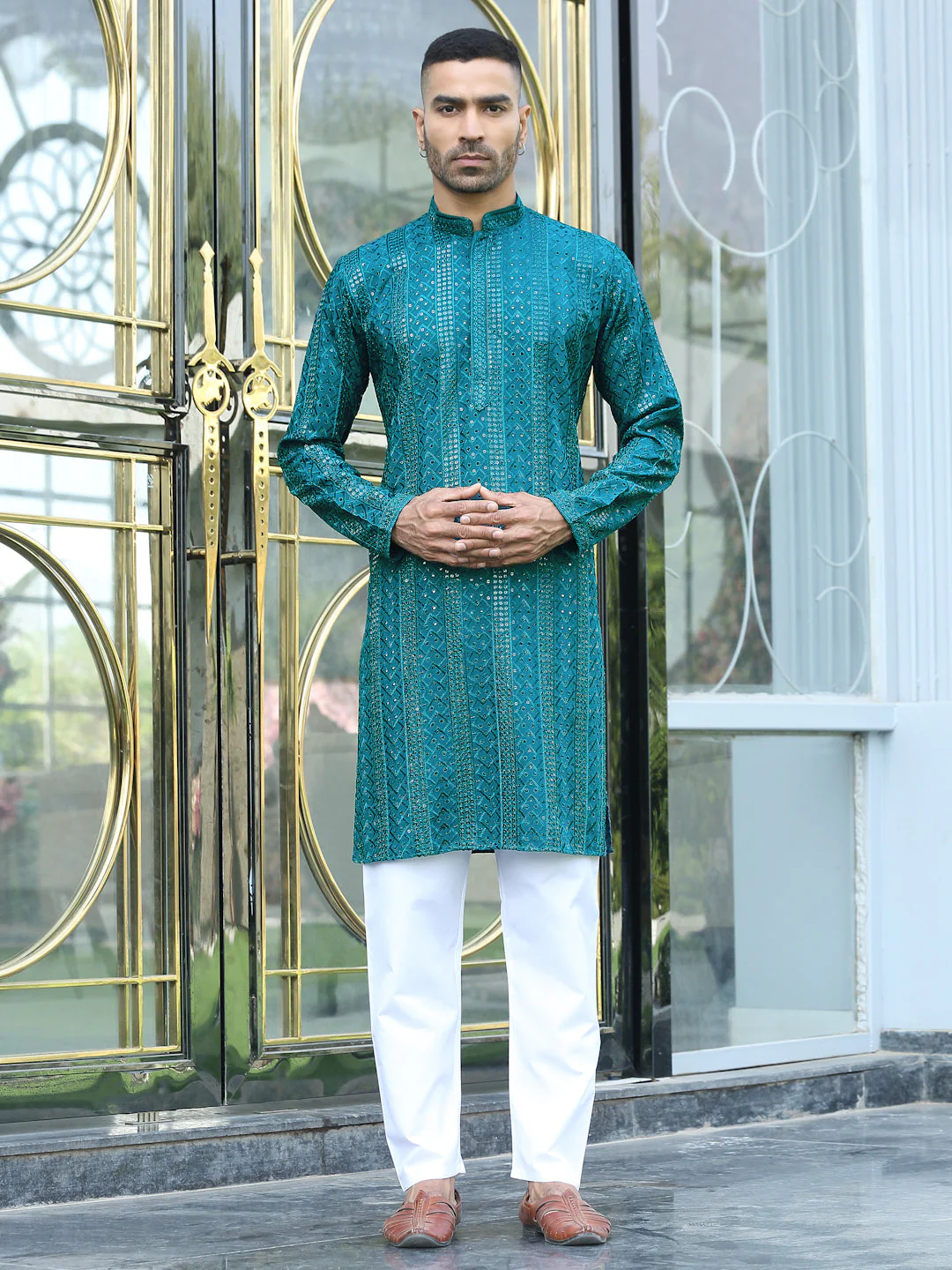 Silk Rayon Ethnic Motifs Embroidered Mandarin Collar Sequinned Kurta with Elastic Waistband White Pyjama - Image 54