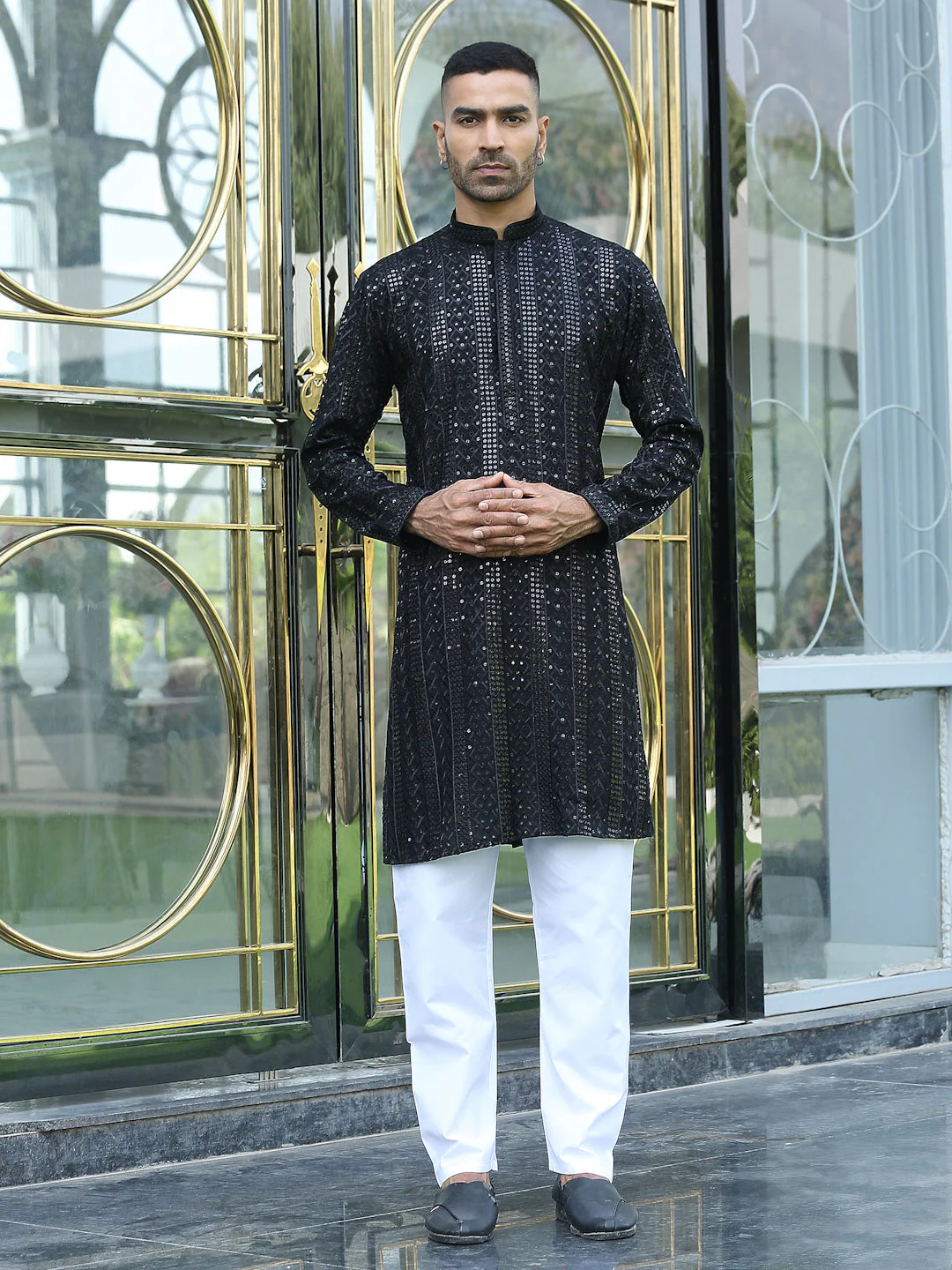 Silk Rayon Ethnic Motifs Embroidered Mandarin Collar Sequinned Kurta with Elastic Waistband White Pyjama - Image 6