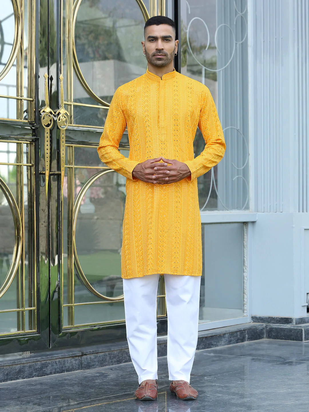 Silk Rayon Ethnic Motifs Embroidered Mandarin Collar Sequinned Kurta with Elastic Waistband White Pyjama - Image 60