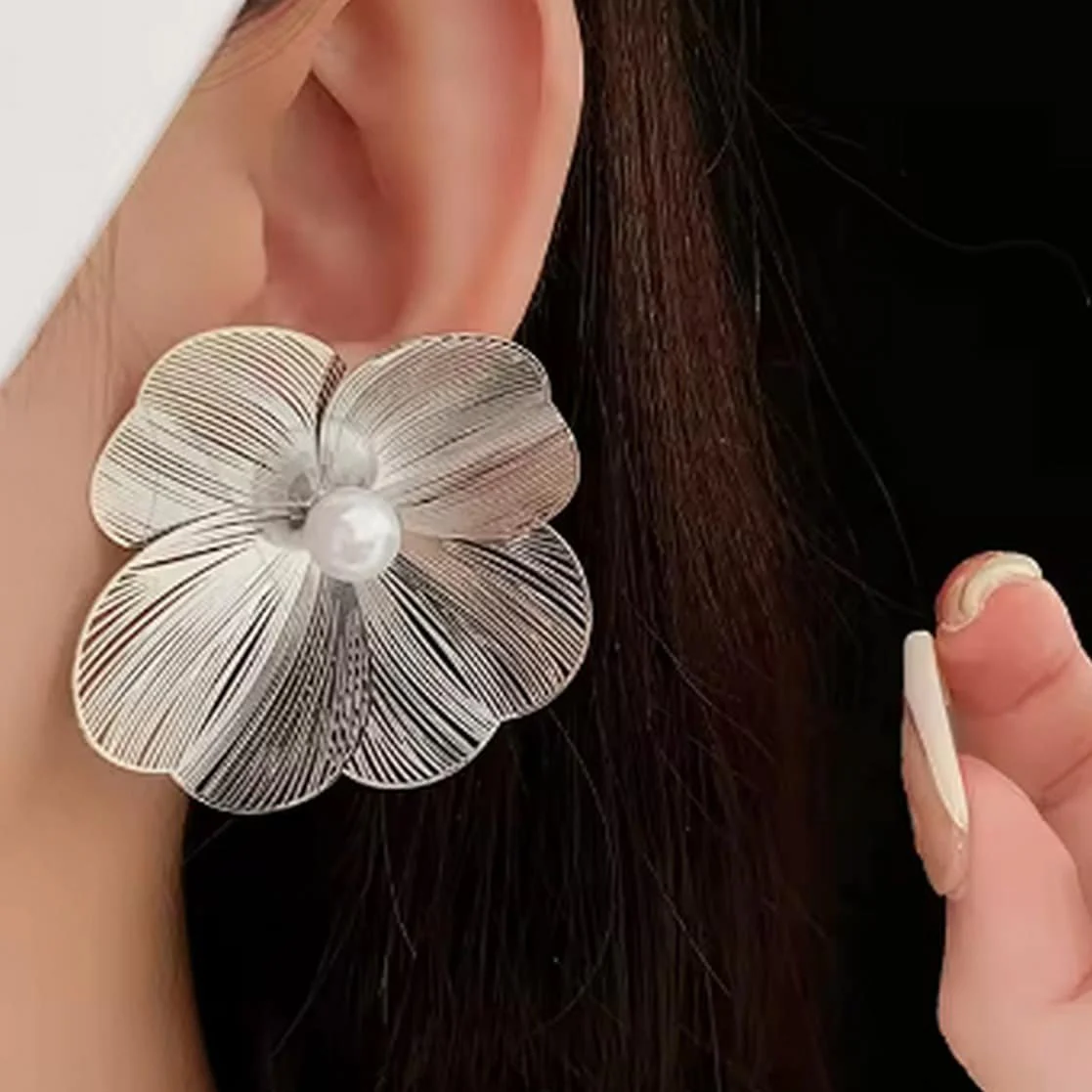 Silver Flower Pearl Drop Earring - Image 3
