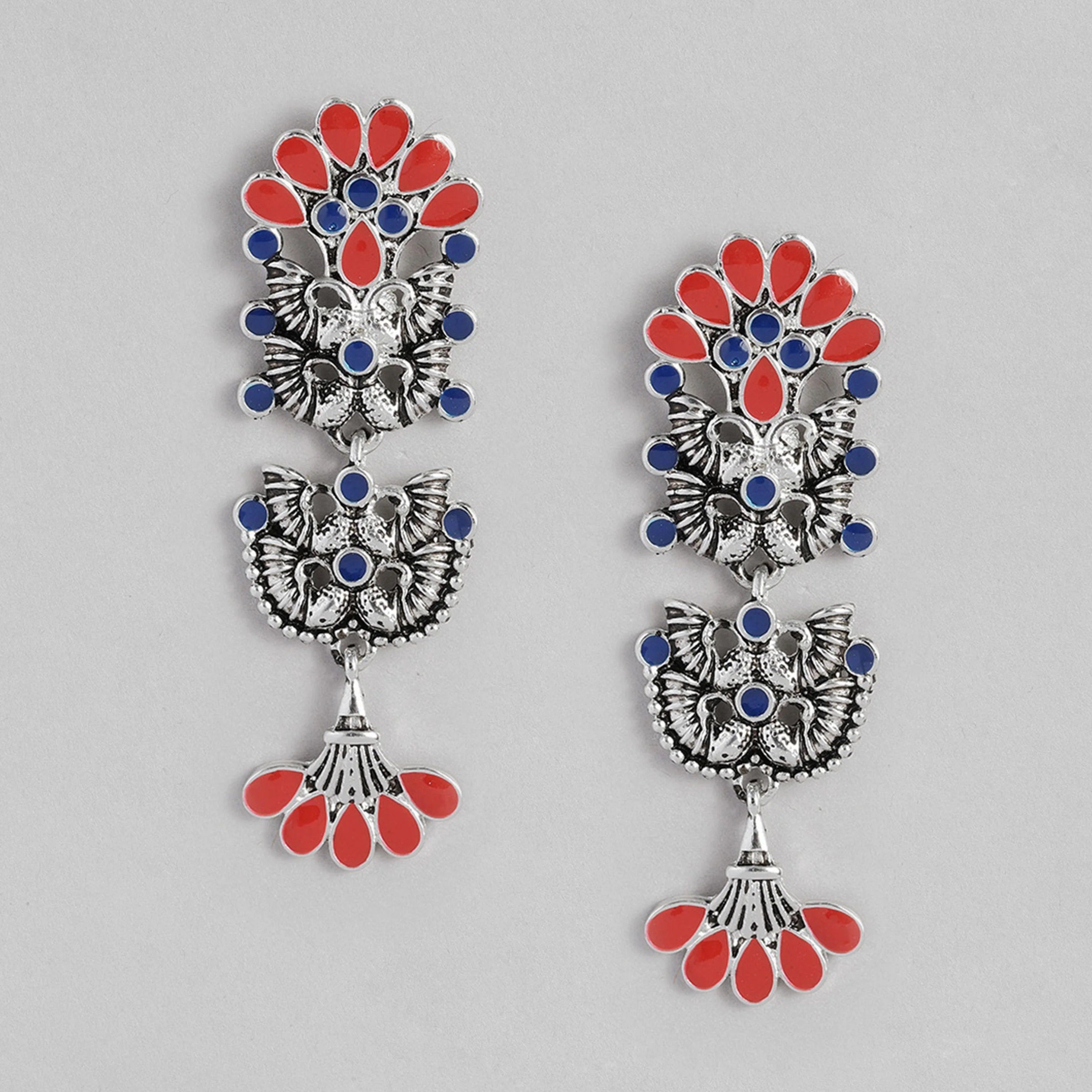Silver Oxidised Multicolour Meenakari Floral Earrings - Image 3