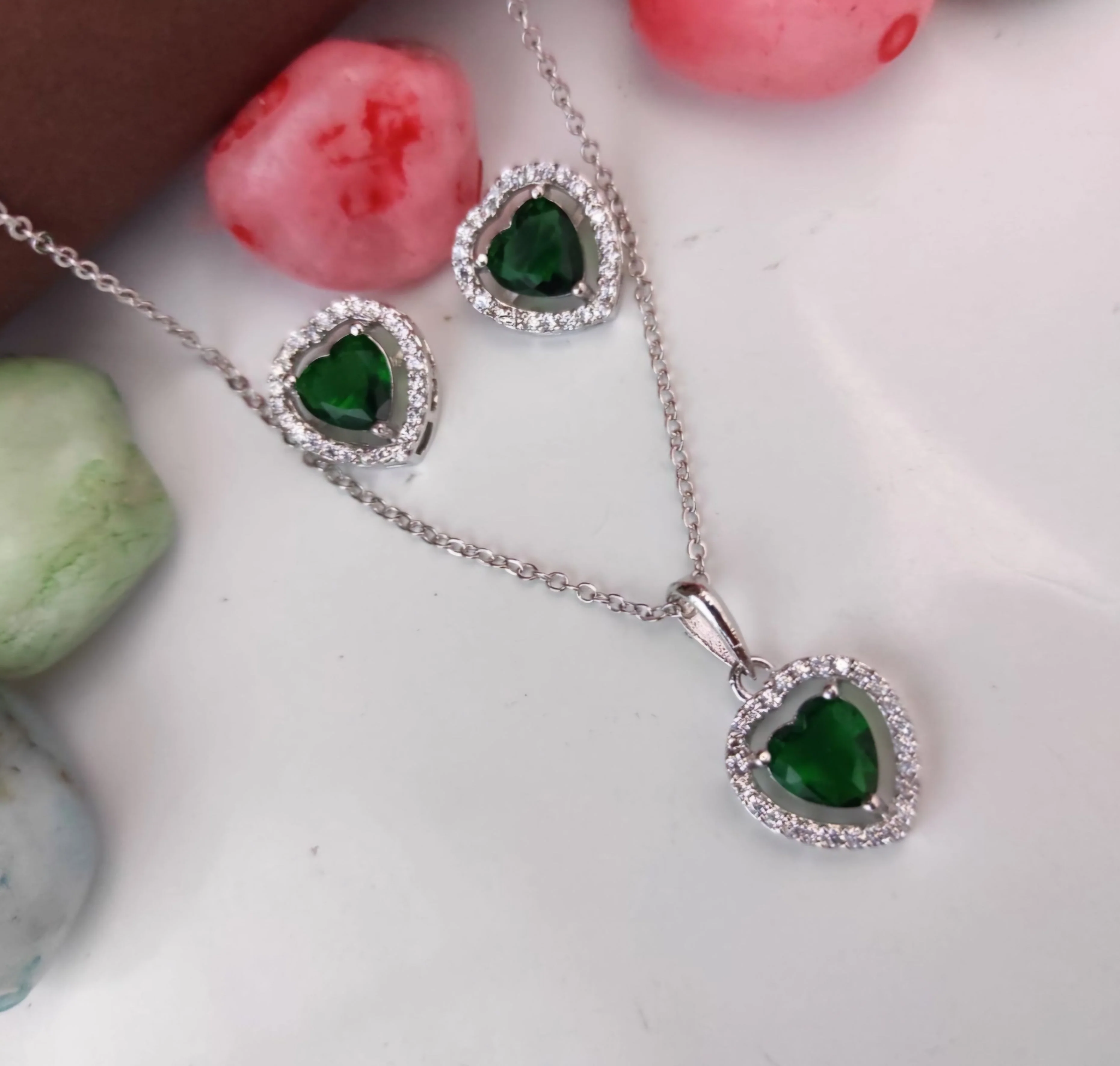 Silver-Plated Heart Pendant Set with Green Stones & Crystal Accents - Image 3