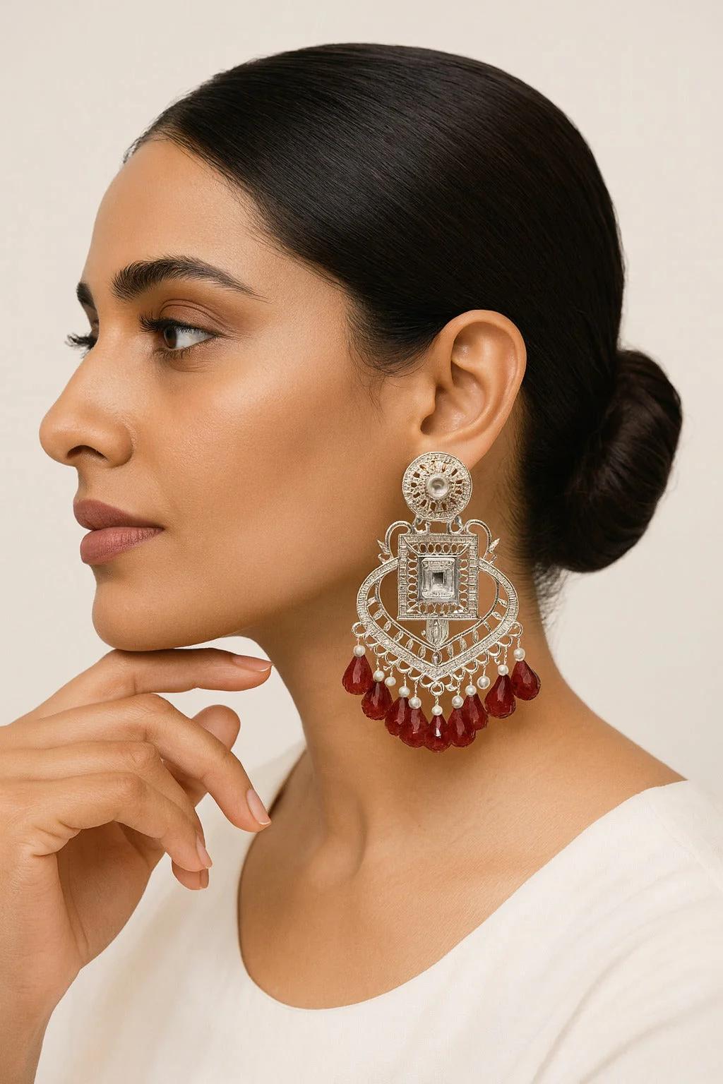 Silver Plated Mirror Earrings with Red Crystal Drops - Image 2