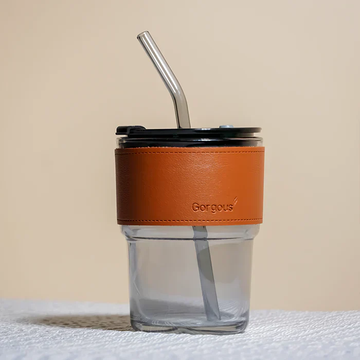 SipMate: Glass Tumbler with Lid, Straw & Leather Sleeve – Perfect for Coffee, Tea, Juice & Everyday Hydration - Image 2