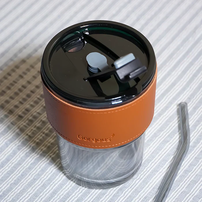 SipMate: Glass Tumbler with Lid, Straw & Leather Sleeve – Perfect for Coffee, Tea, Juice & Everyday Hydration - Image 4