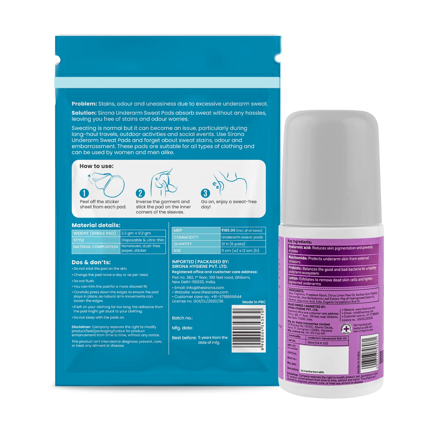 Sirona No Sweat Combo - 2 in 1 Underarm Roll On, Underarm Sweat Pads, Soft & Rash Free, Safe on Skin - Pack of 1 - Image 8
