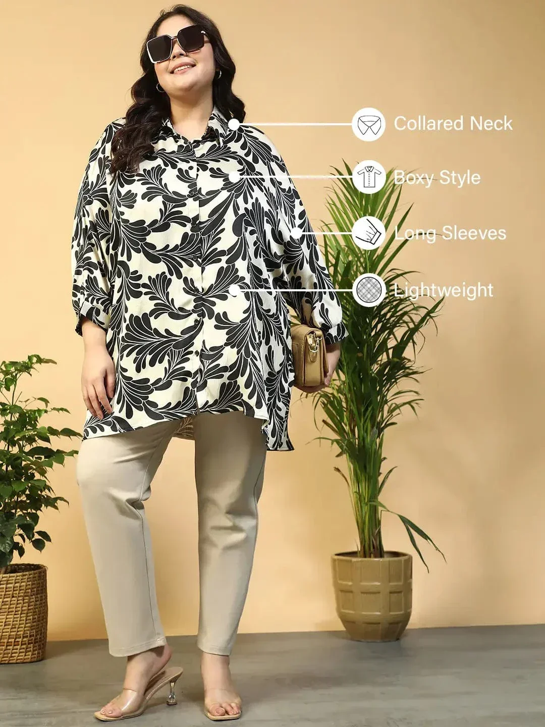 Sizzle Black Floral Print Short Sleeve Collared Button Down Plus Size Oversized Shirt - Image 2