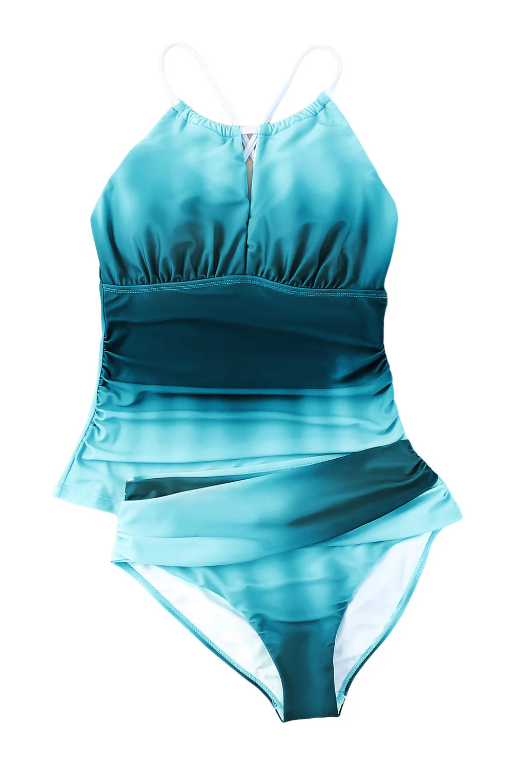 Sky Blue Oceanic Gradient Color Peekaboo Halter Tankini Swimsuit - Image 20