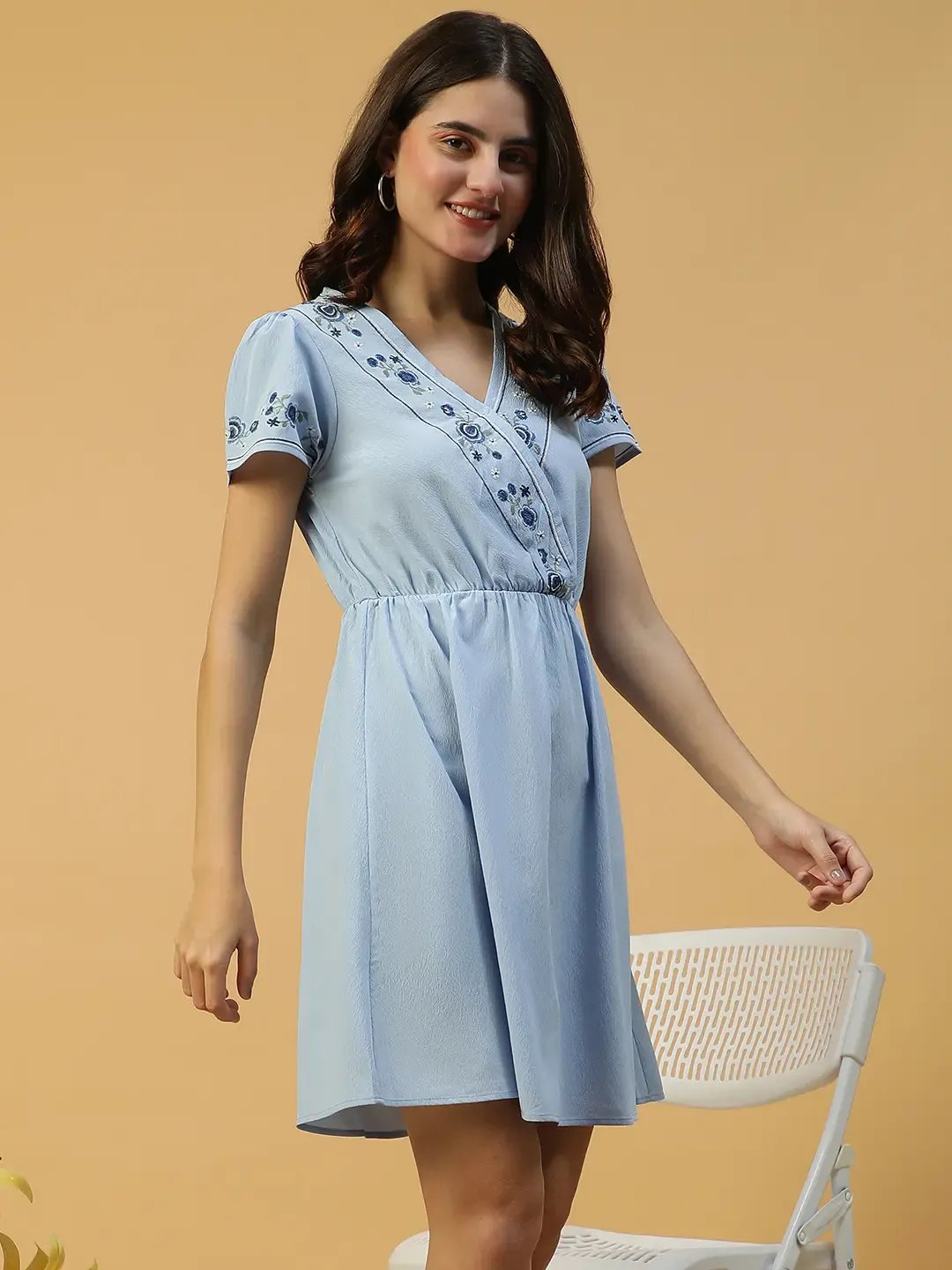 Sky Blue Short Sleeve Embroidery Detail Elasticated Women Dress - Image 4