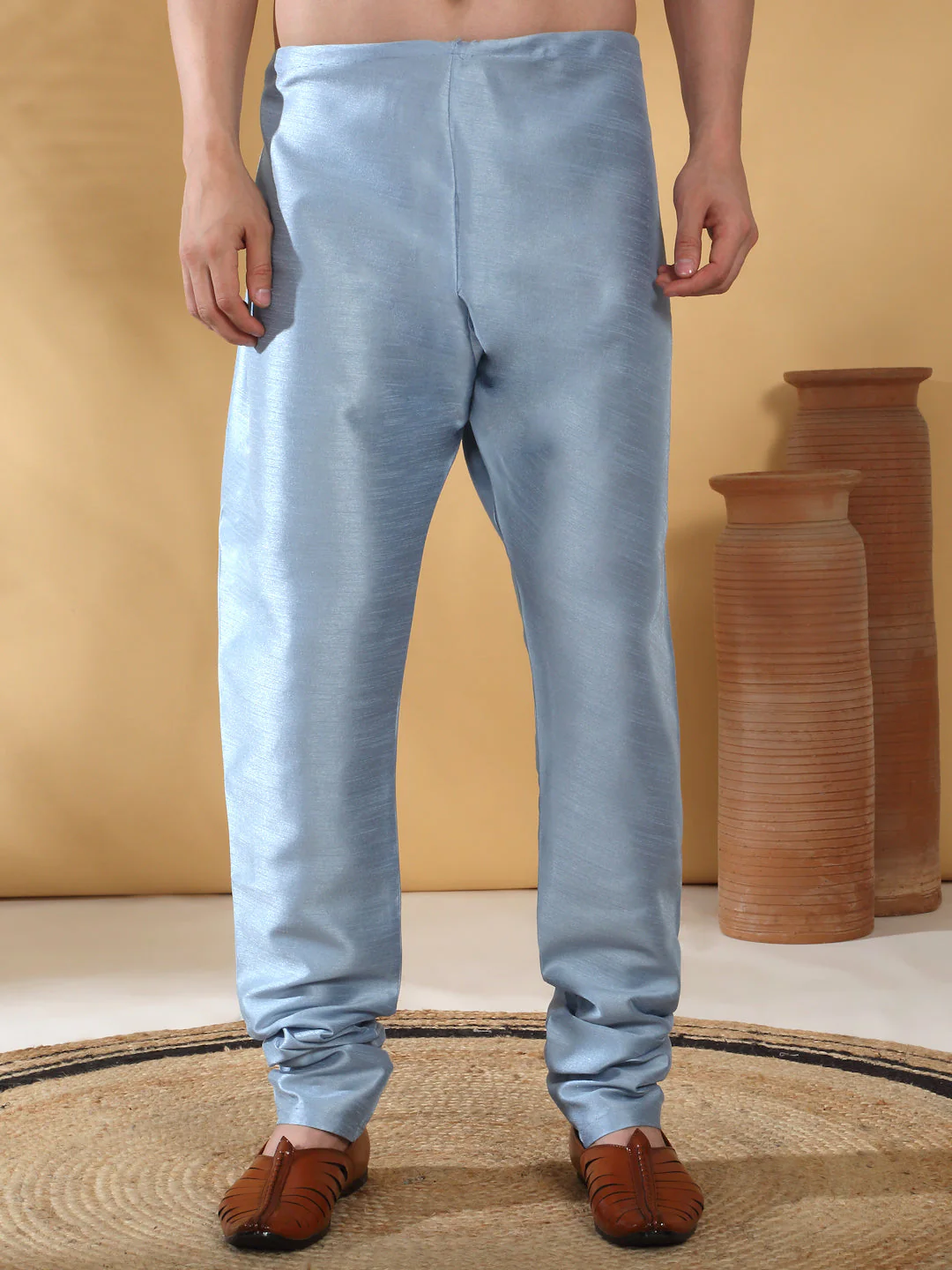 Sky Blue Silk Blend Kurta churidar with Jacquard Geometric Sleeveless Nehru Jacket set - Image 10