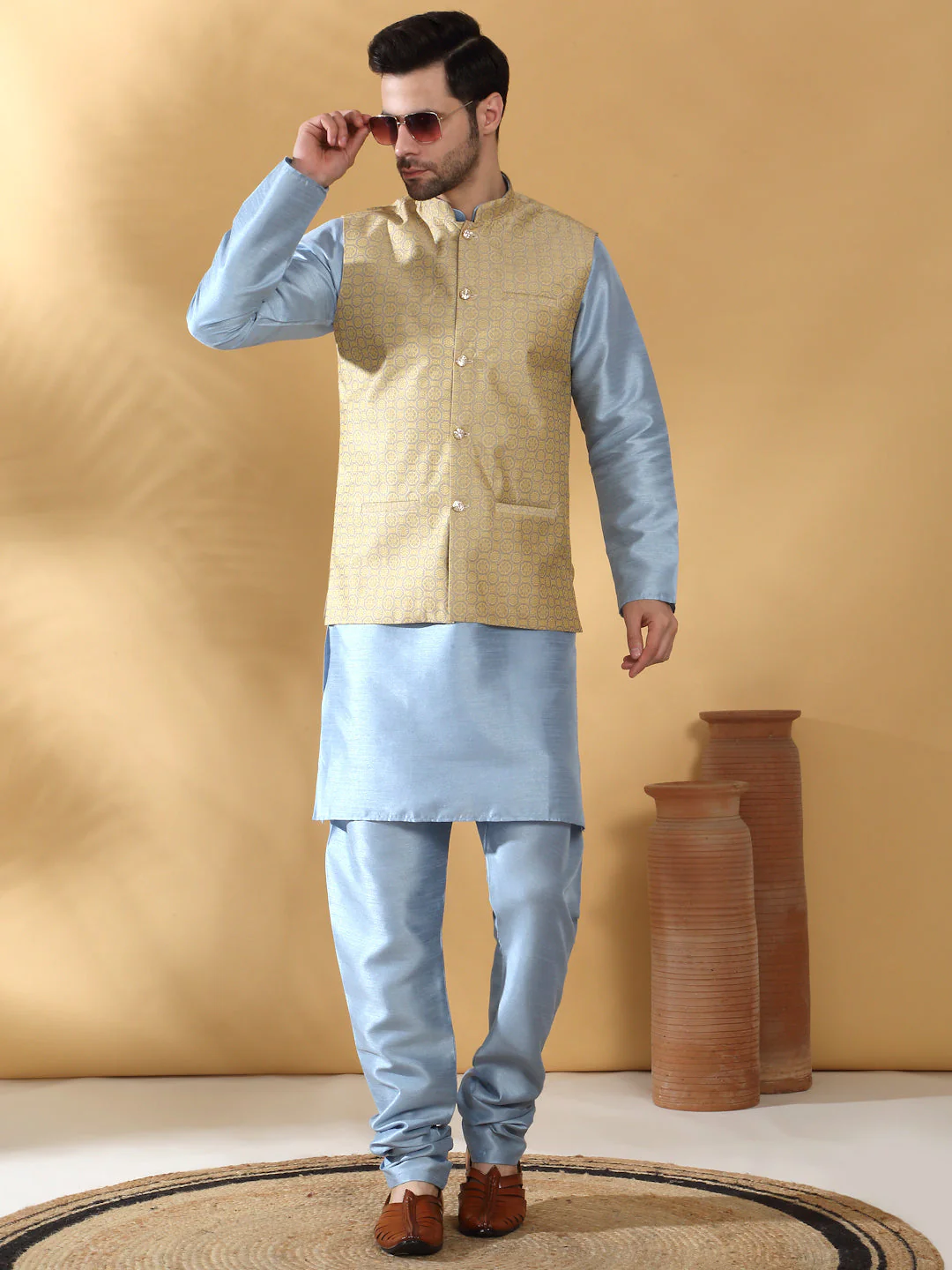 Sky Blue Silk Blend Kurta churidar with Jacquard Geometric Sleeveless Nehru Jacket set - Image 19