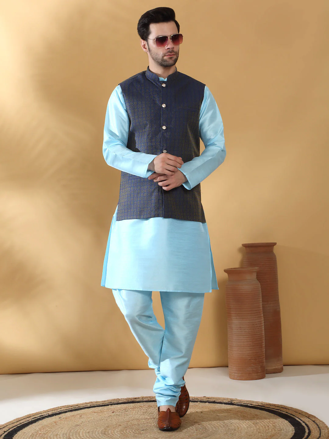 Sky Blue Silk Blend Kurta churidar with Jacquard Geometric Sleeveless Nehru Jacket set - Image 27
