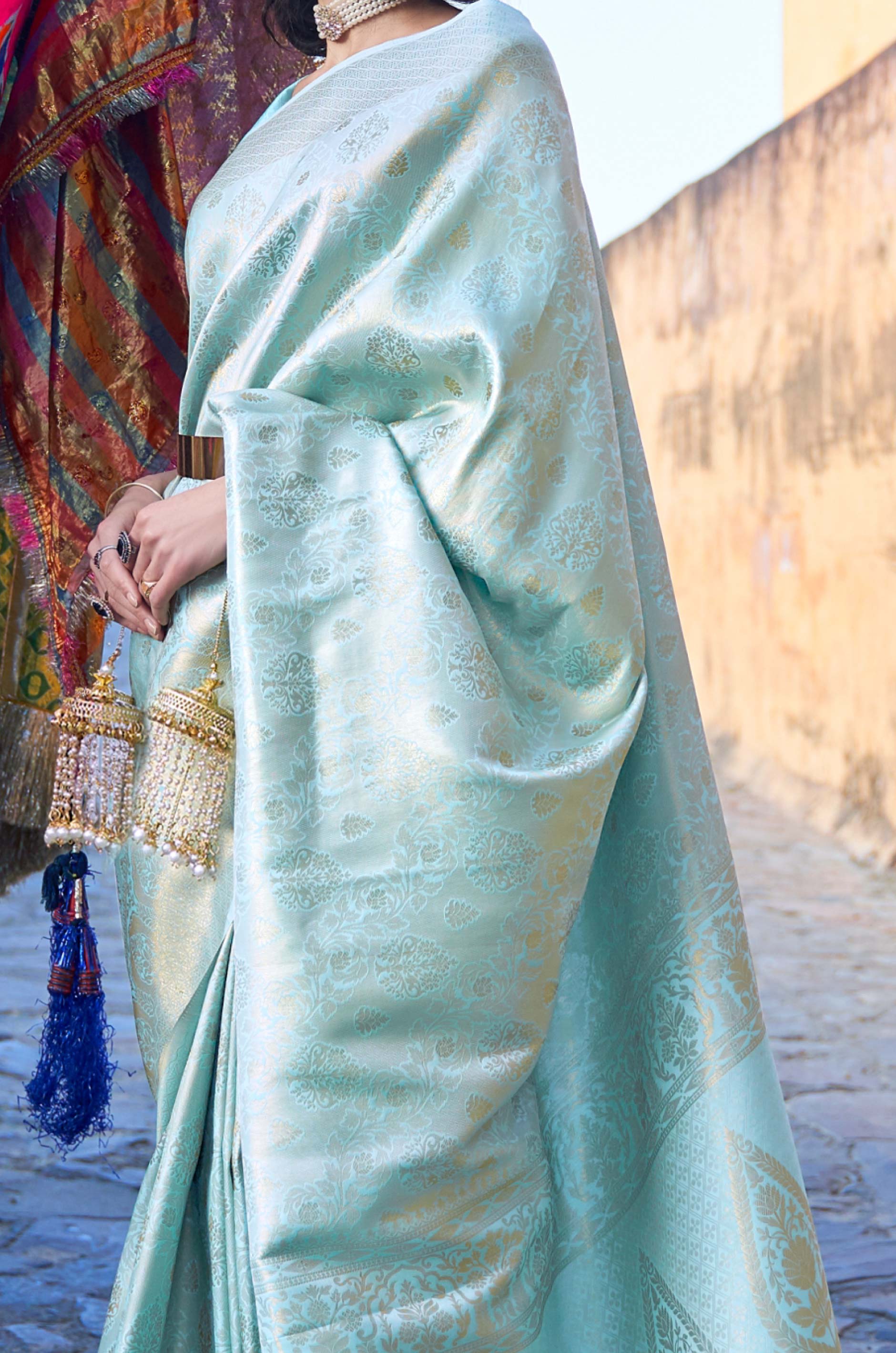 Sky Blue Woven Silk Saree - Image 3