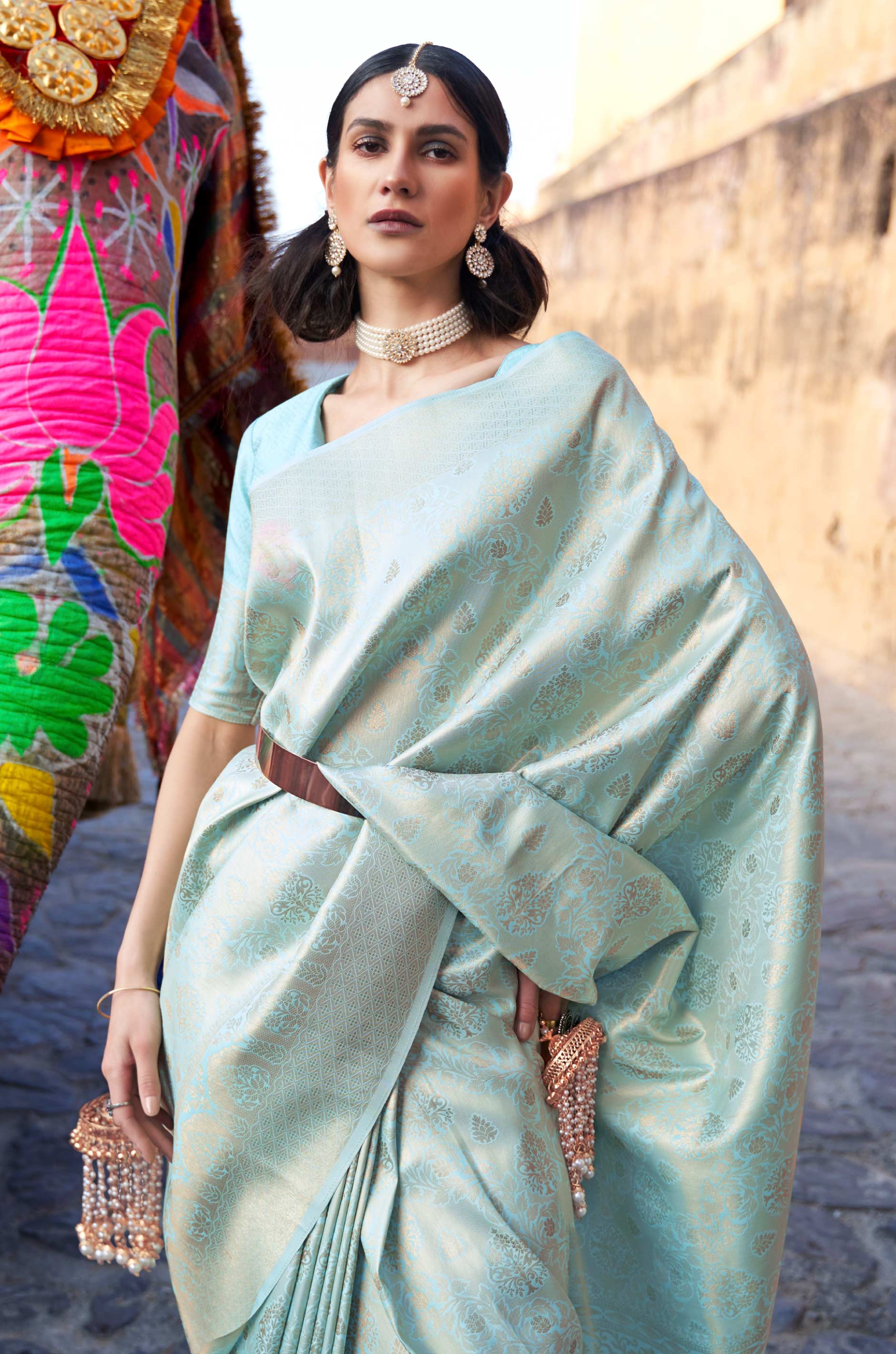 Sky Blue Woven Silk Saree - Image 5