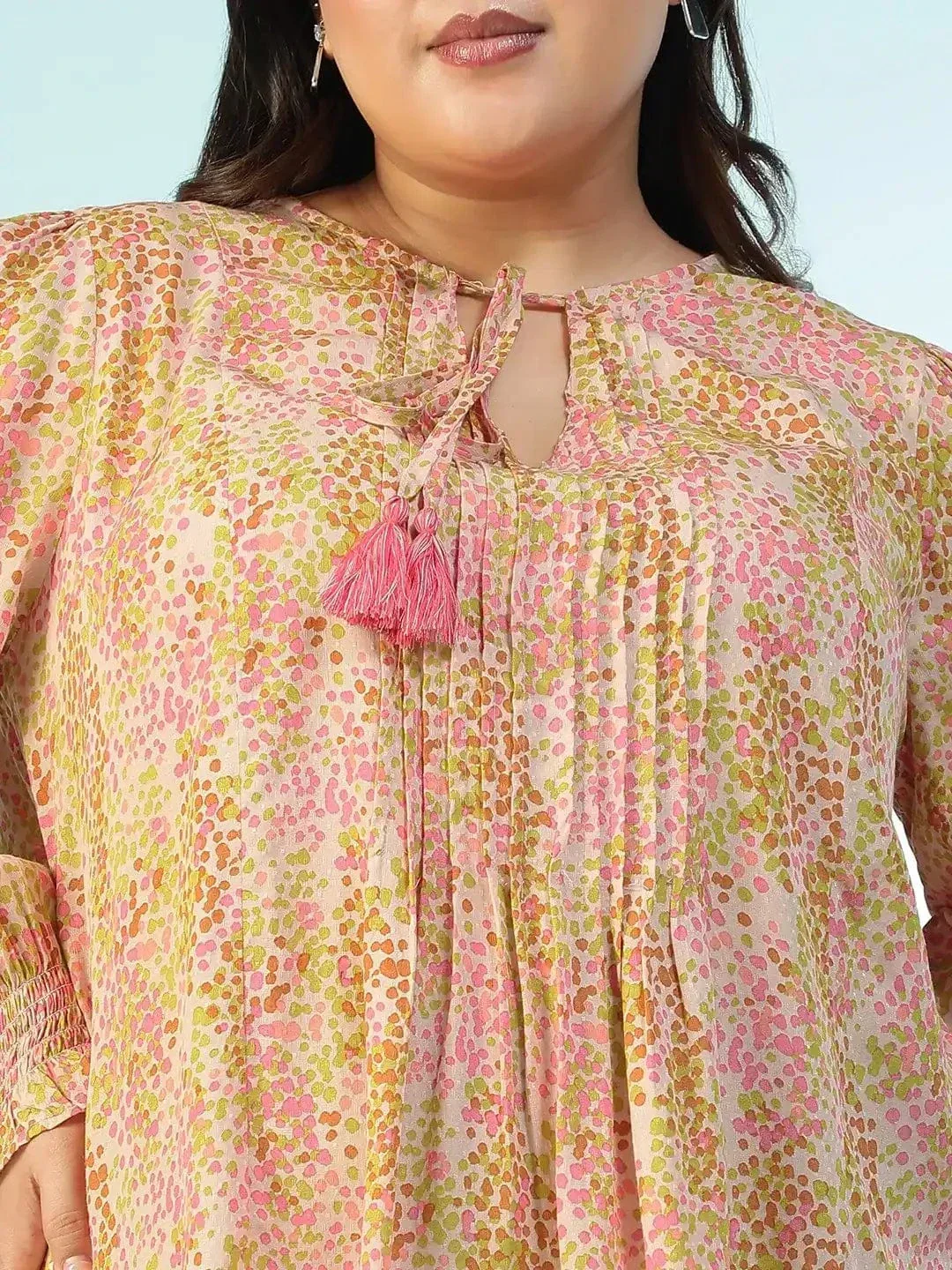 Slaybase Multicolor Floral Print  Tassels & Tie -Up Detail Long Sleeve Plus Size Women Top - Image 6