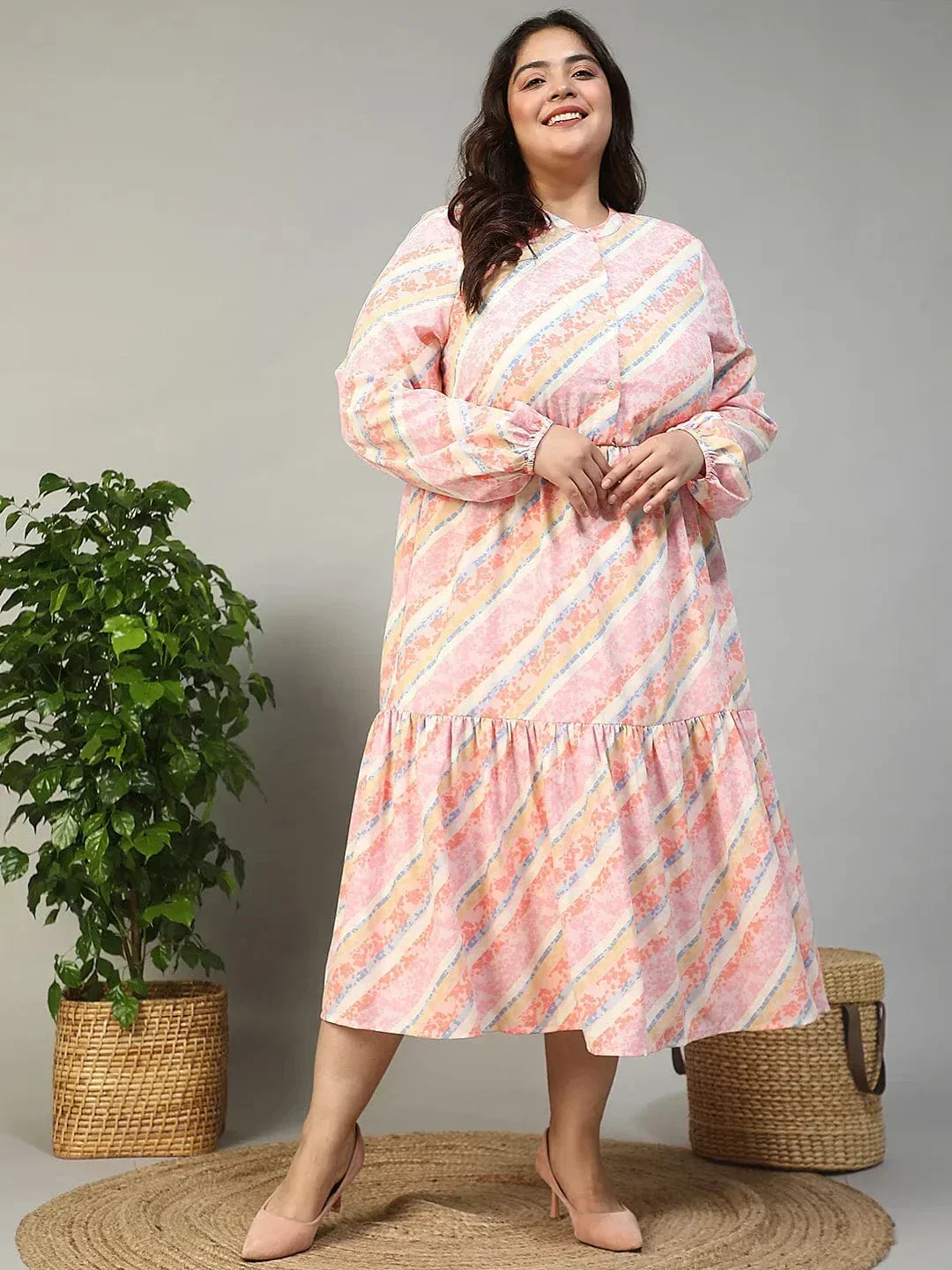 Slayer Pink Georgette Stripe Print With Button Front And Long Sleeve Elasticated Plus Size Dress - Image 2