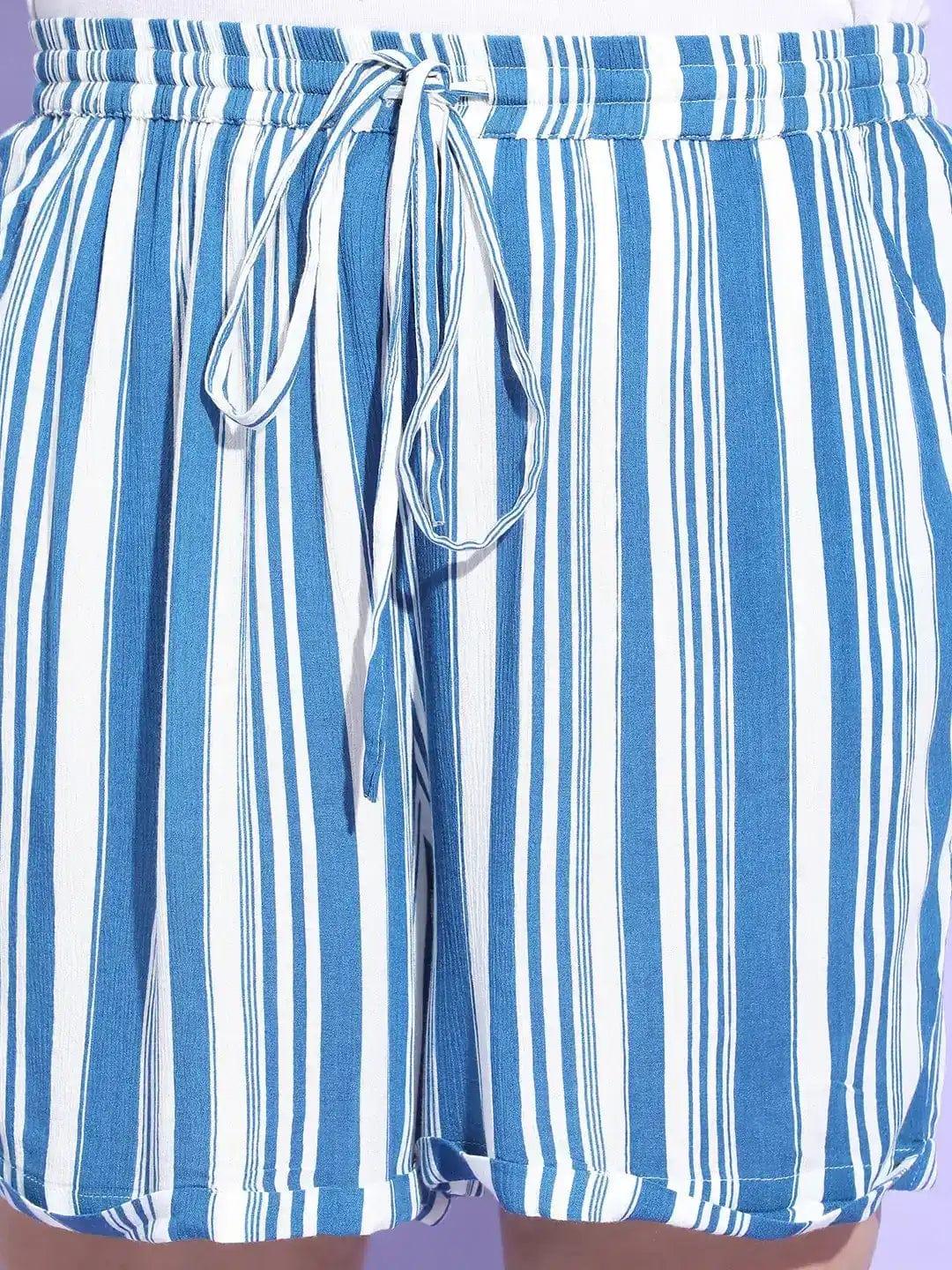 Slight Blue Stripe Print Tie Up Detailing Plus Size Shorts - Image 4